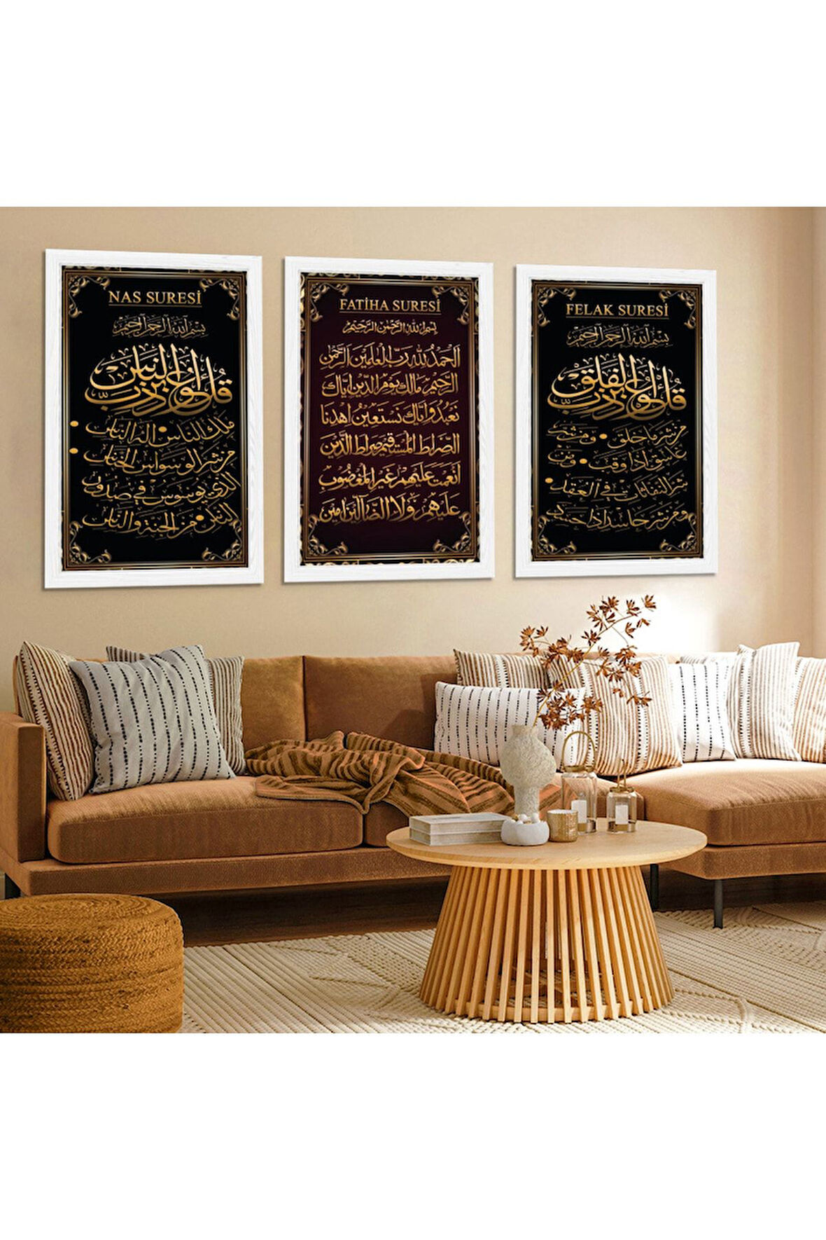 Beyaz Ahşap Çerçeveli Fatiha Nas Ve Felak Süresi Dini Tablo