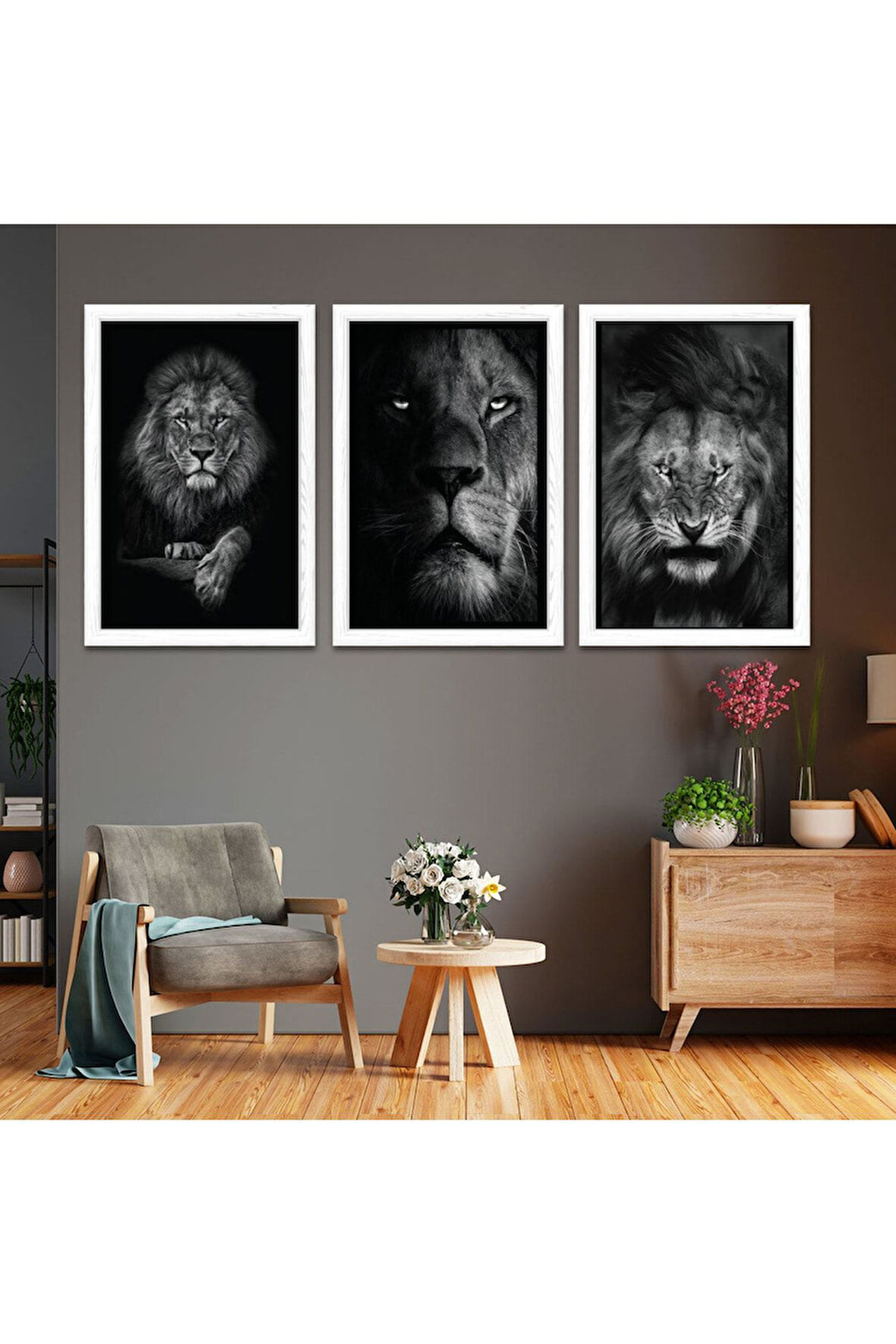 Siyah Ahşap Çerçeveli Aslan Tablo