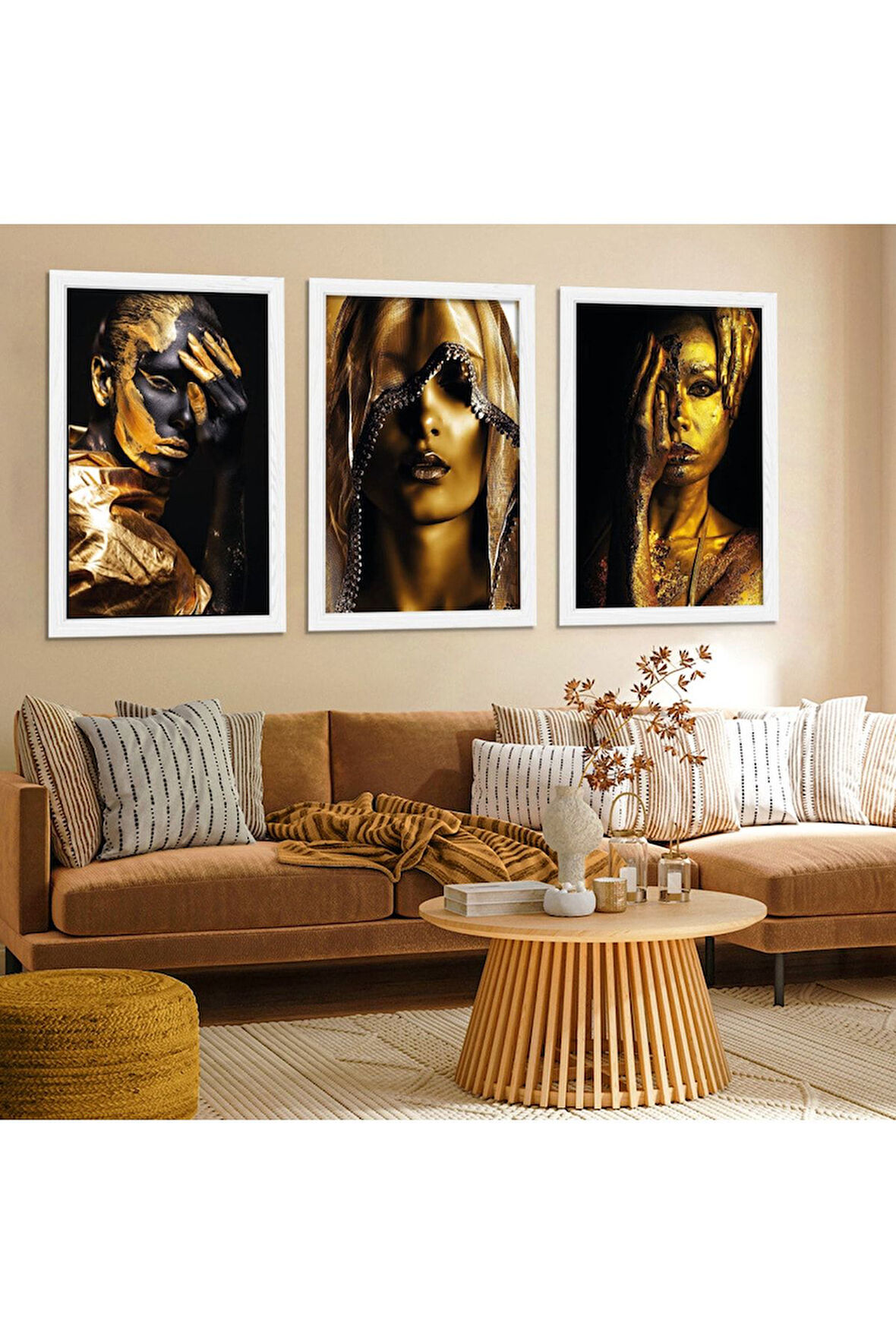 Beyaz Ahşap Çerçeveli Altın Kadın Tablo