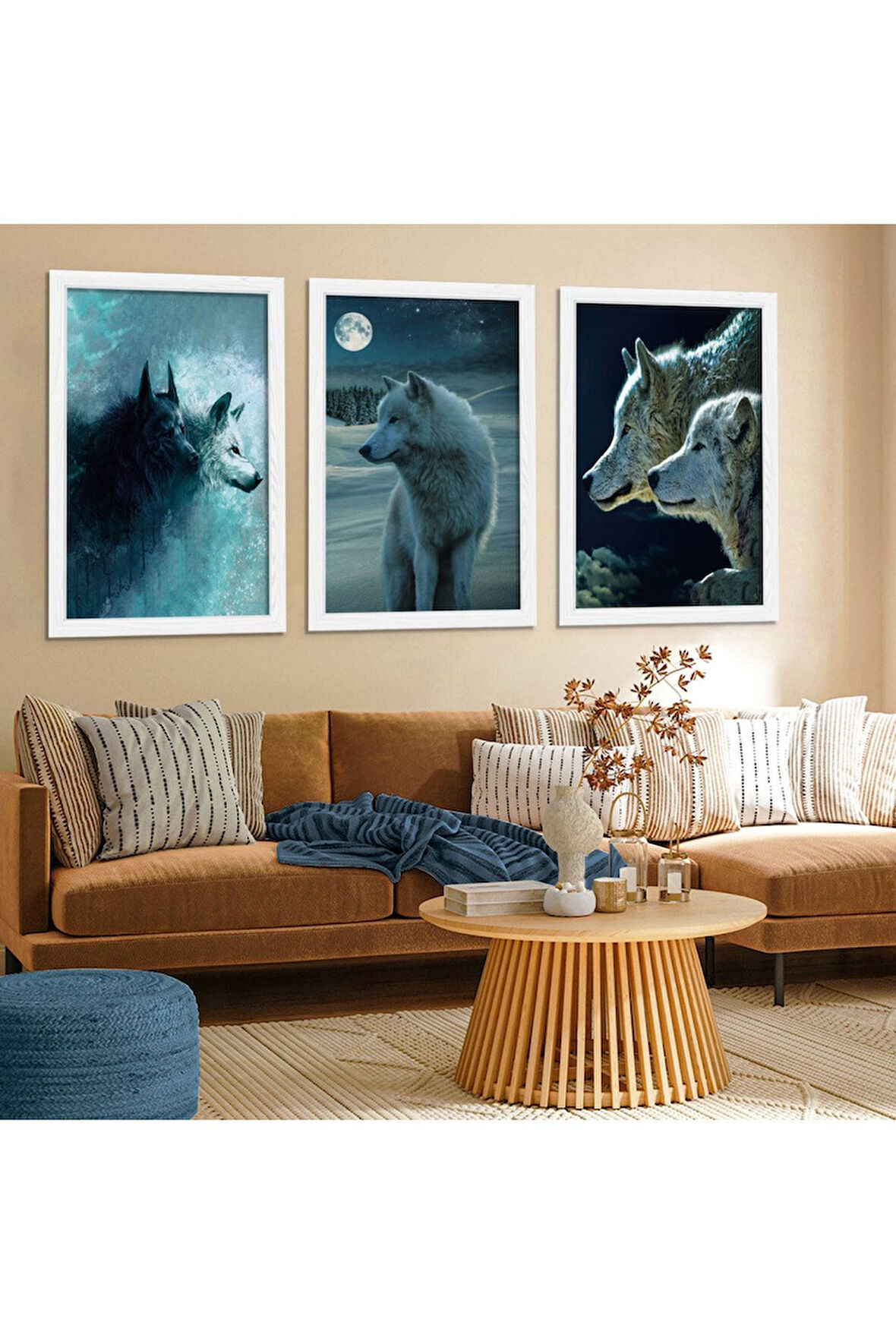 Beyaz Ahşap Çerçeveli Bozkurt Tablo