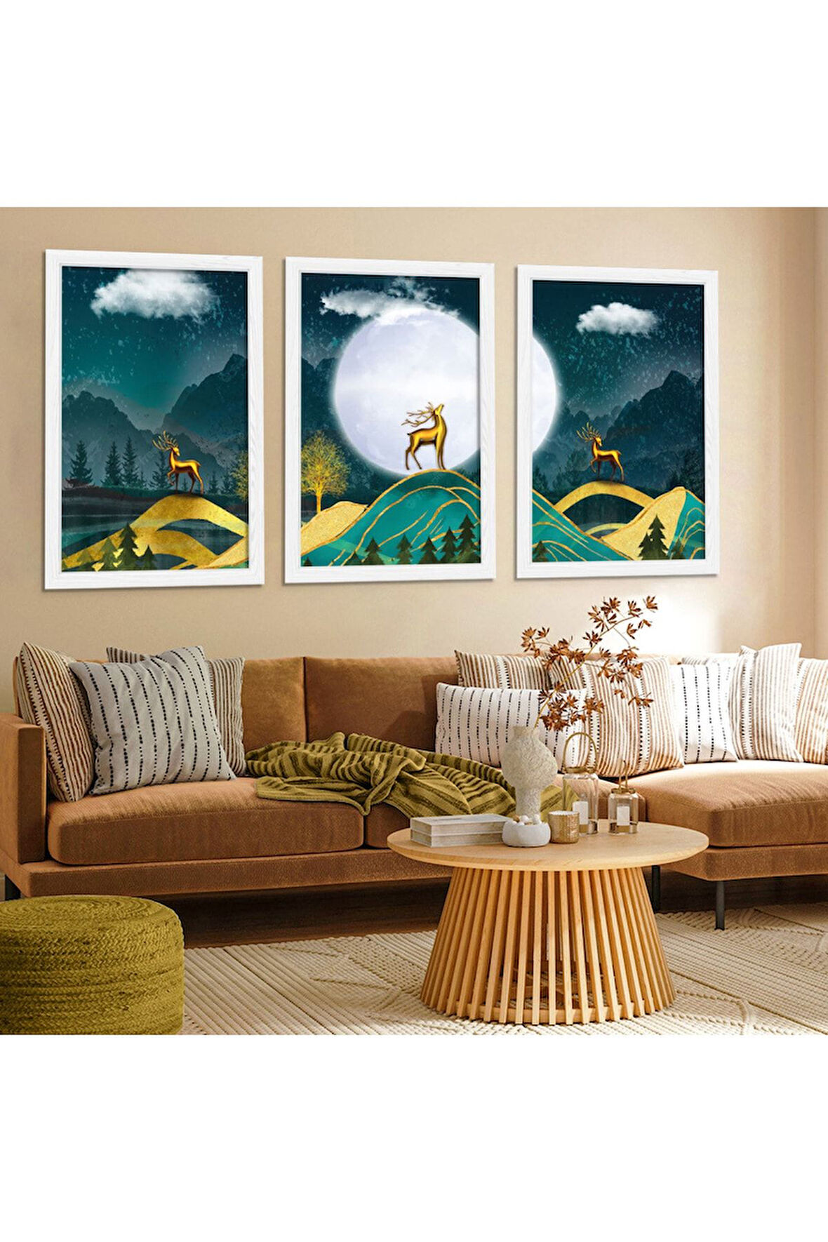 Beyaz Ahşap Çerçeveli Geyik Tablo