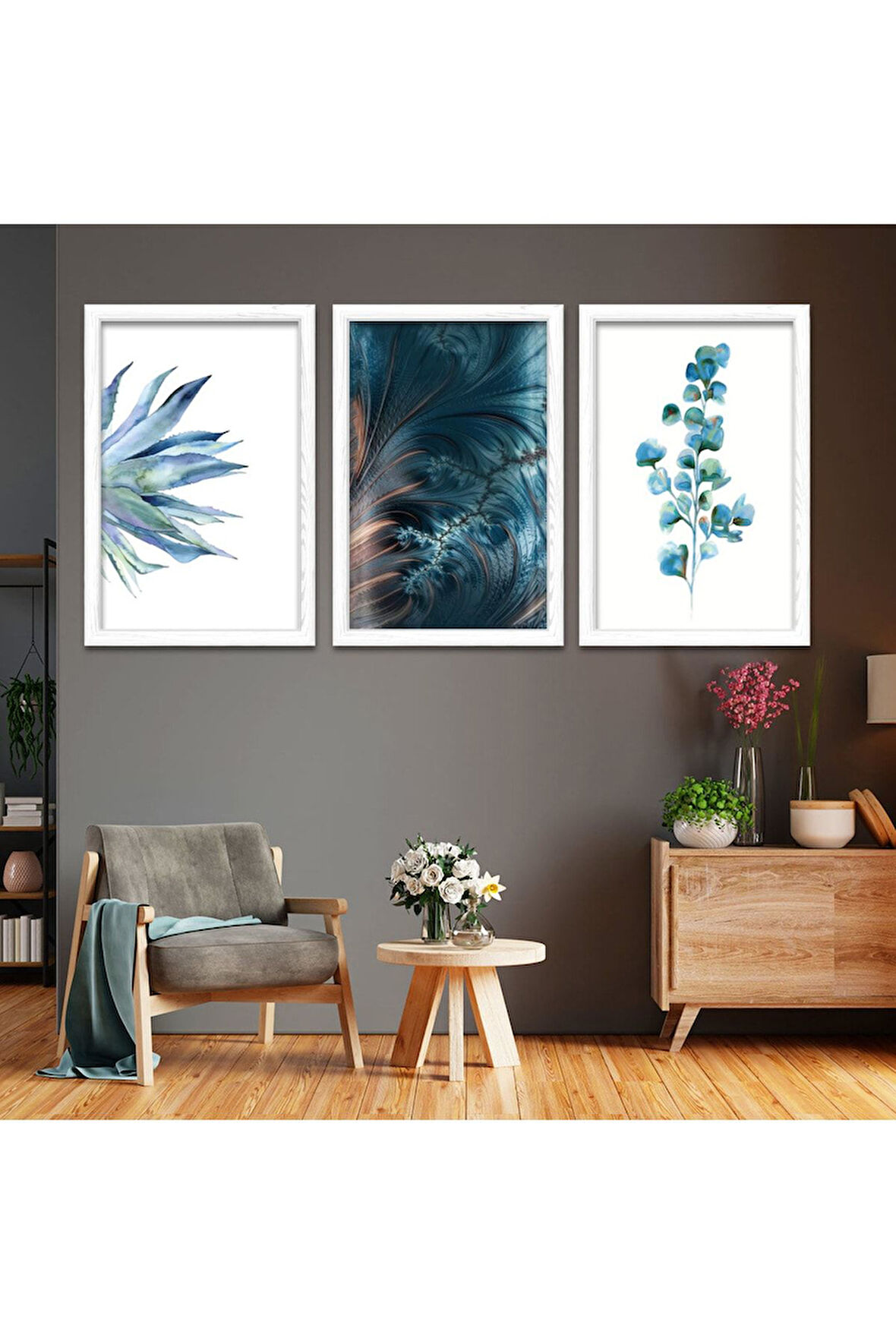 Siyah Ahşap Çerçeveli Mavi Çiçek Tablo