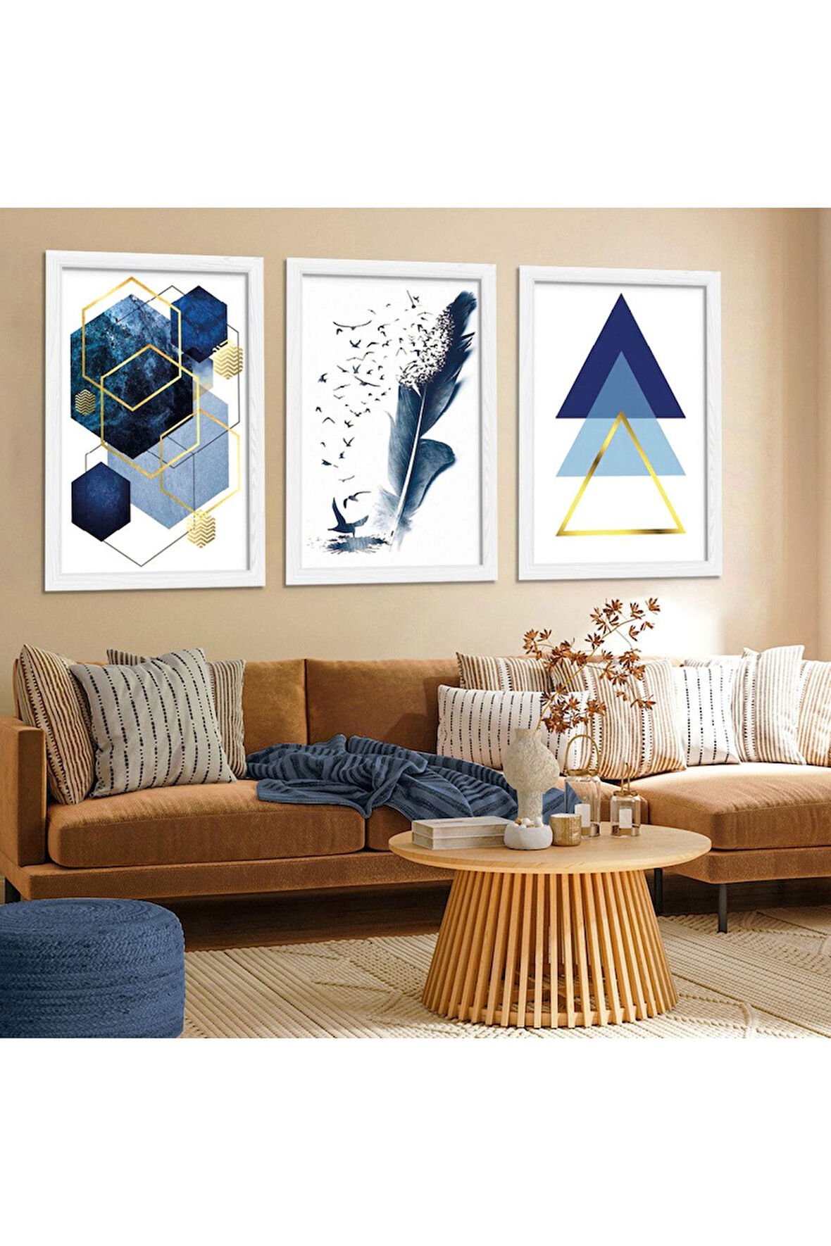 Beyaz Ahşap Çerçeveli Mavi Şekiller Modern Tablo