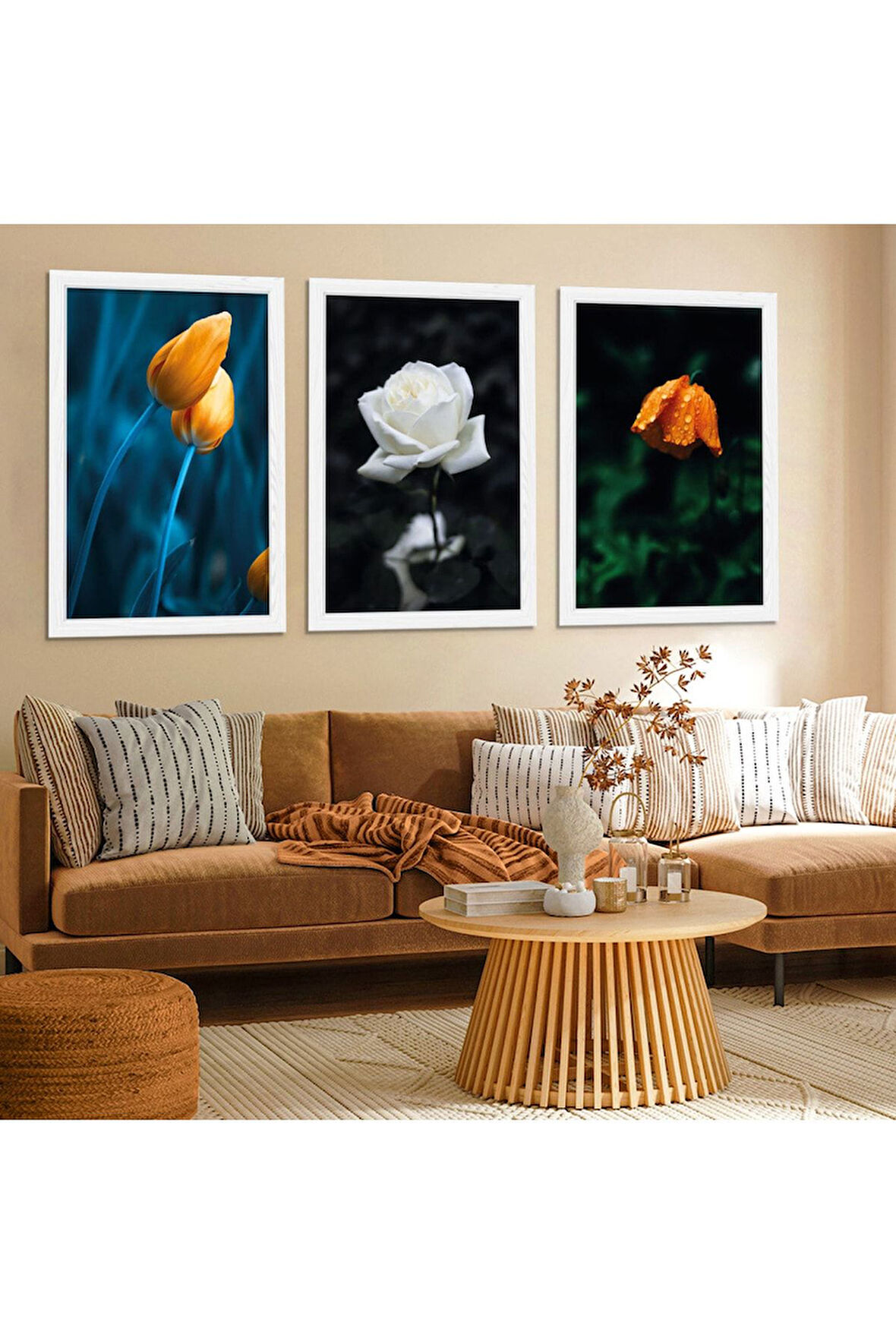 Beyaz Ahşap Çerçeveli Beyaz Gül Tablo