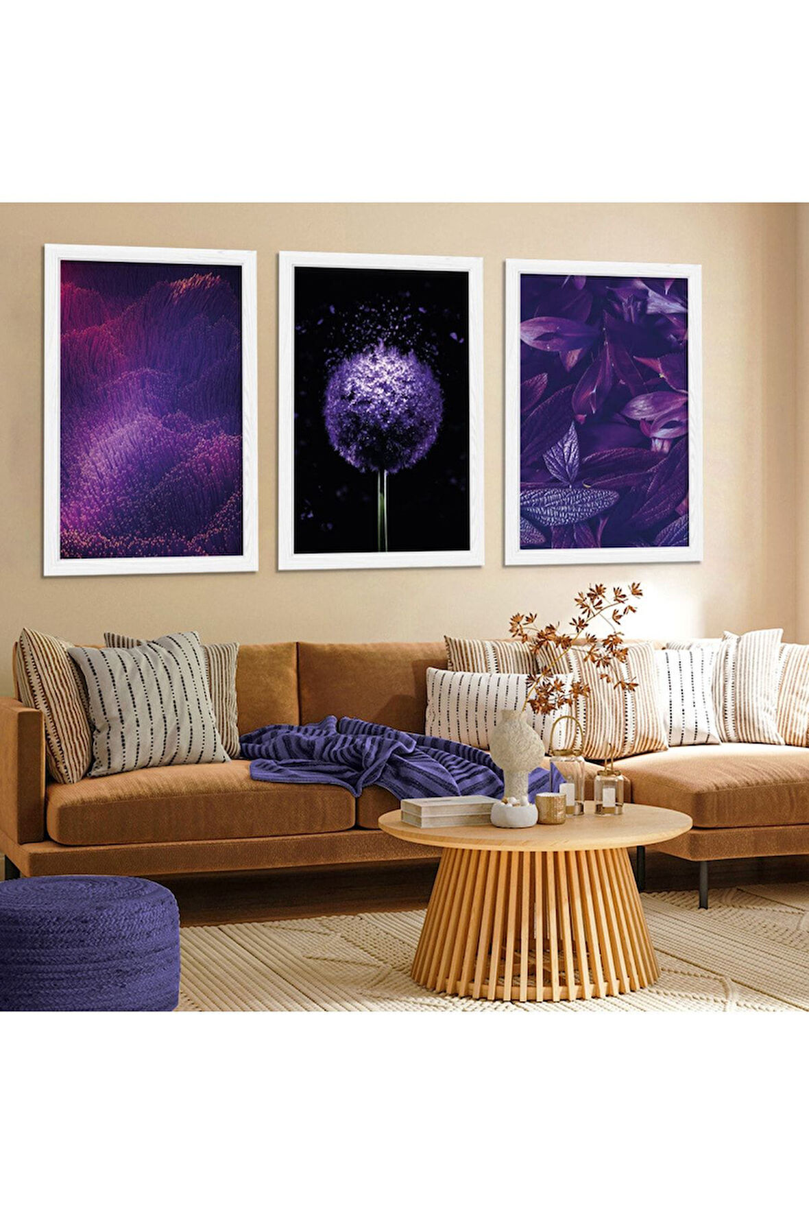 Beyaz Ahşap Çerçeveli Mor Renk Modern Tablo