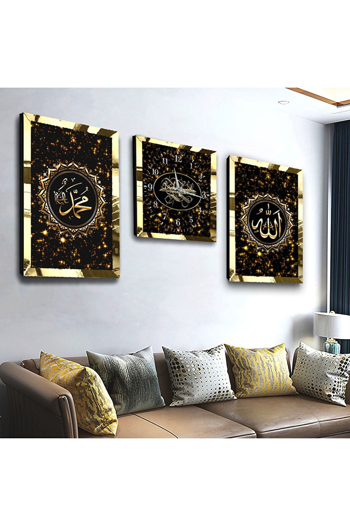 Gold Aynalı Pleksi Çerçeveli Hz Muhammed Ve Allah Lafzı Dini Üçlü Mdf Tablo Seti