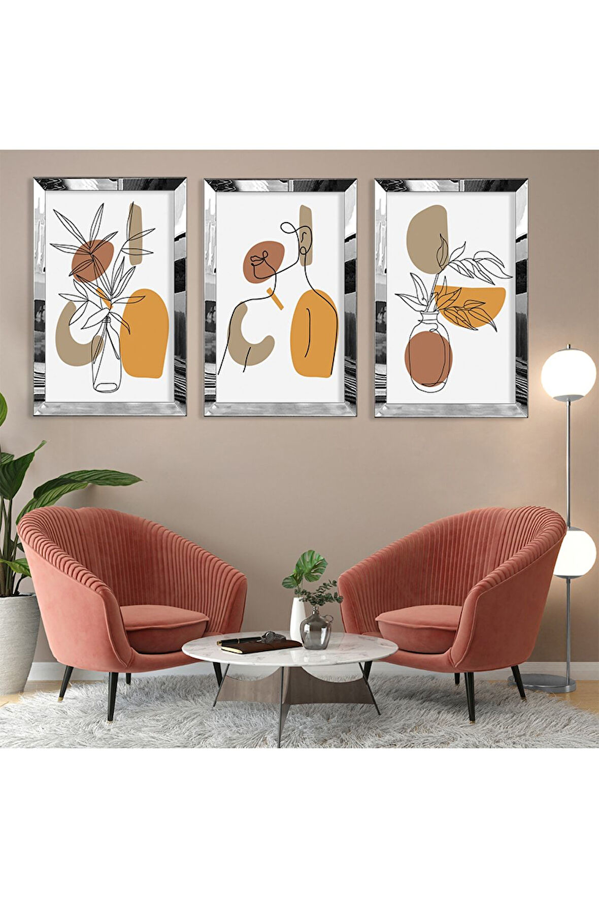 Minimalist Soyut Desen Gold Pleksi Kenar Üçlü Mdf Tablo Seti