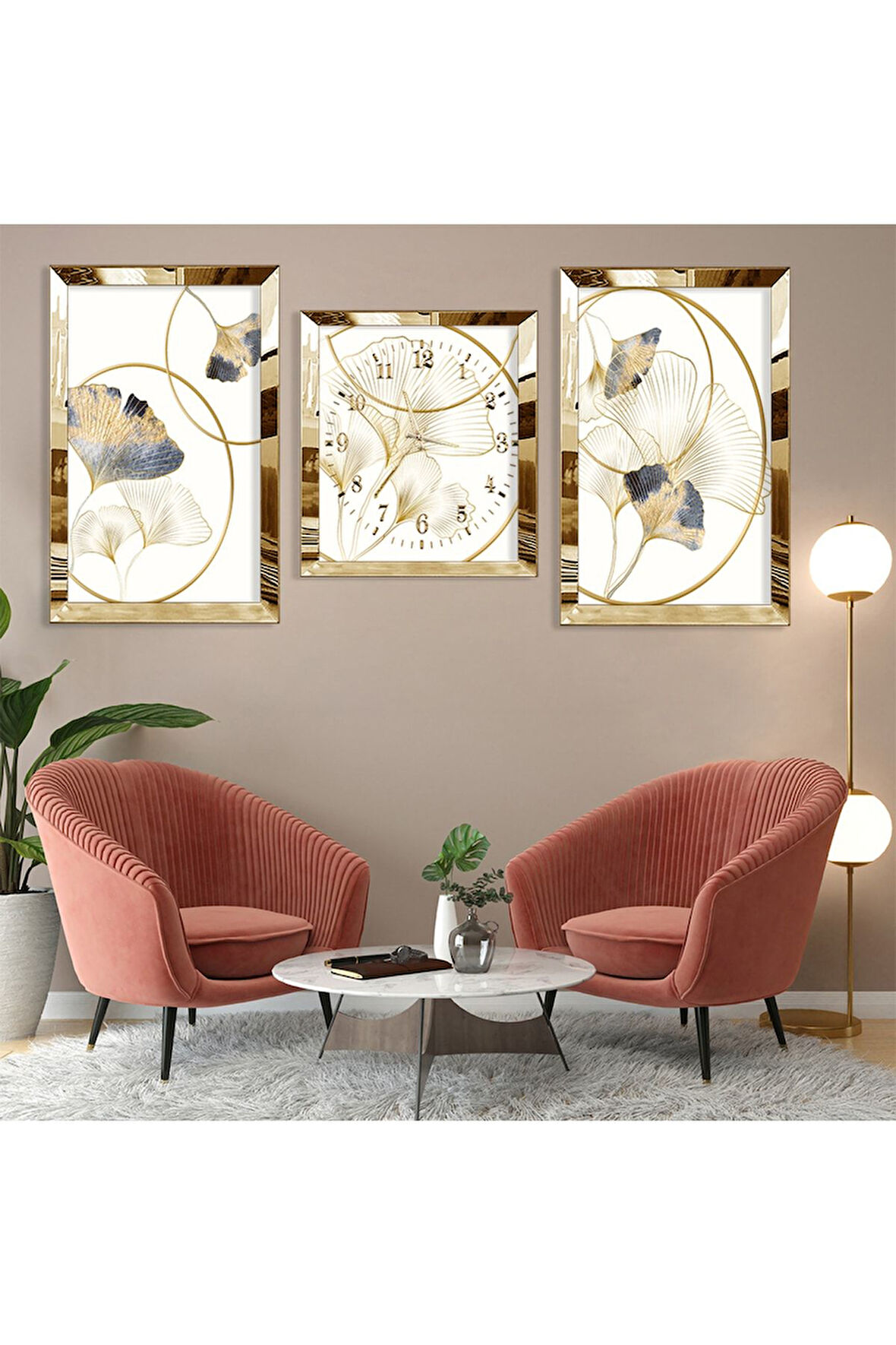 Minimalist Çiçek Soyut Desen Gümüş Pleksi Kenar Üçlü Mdf Tablo Seti Ve Saat Seti