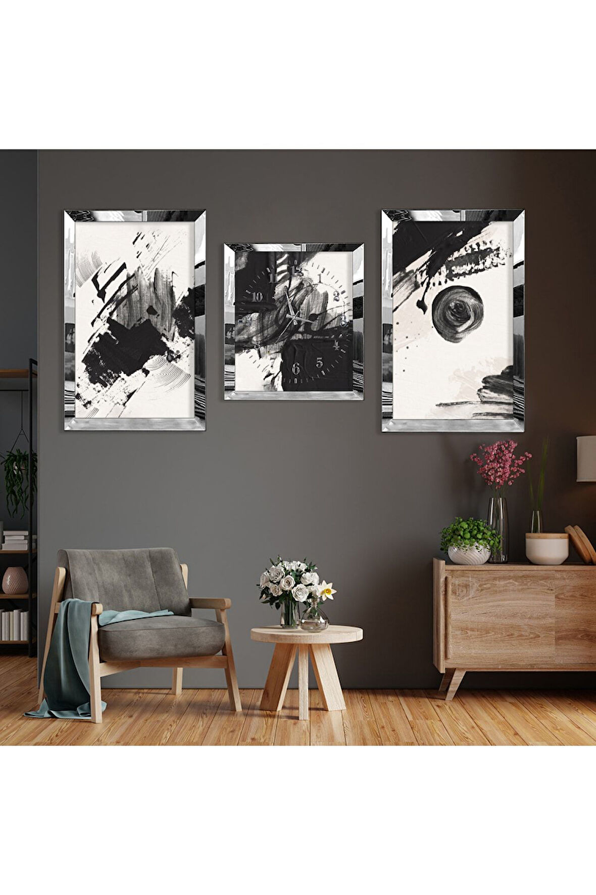 Soyut Desen Boya Gümüş Pleksi Kenar Üçlü Mdf Tablo Seti Ve Saat Seti