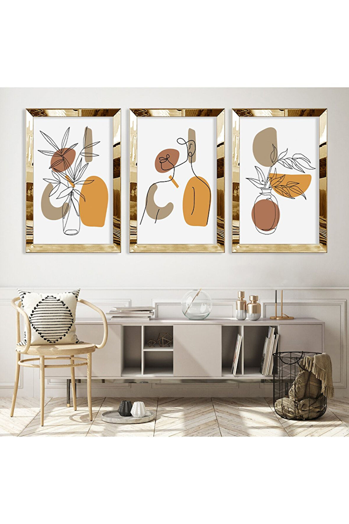Minimalist Soyut Desen Gold Pleksi Kenar Üçlü Mdf Tablo Seti