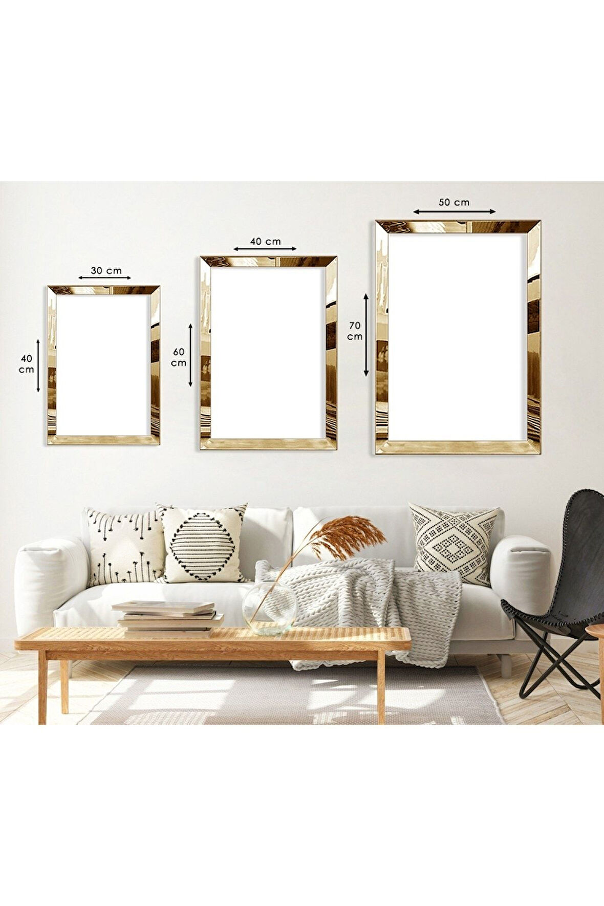 Minimalist Çiçek Soyut Desen Gold Pleksi Kenar Üçlü Mdf Tablo Seti