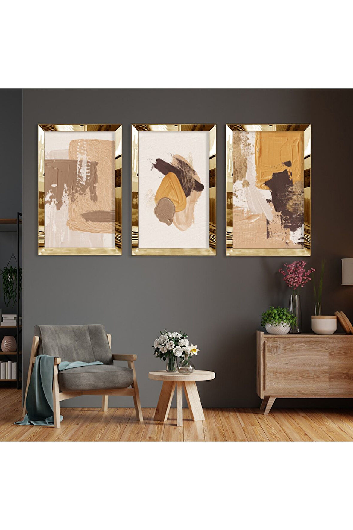 Soyut Desen Gold Pleksi Kenar Üçlü Mdf Tablo Seti