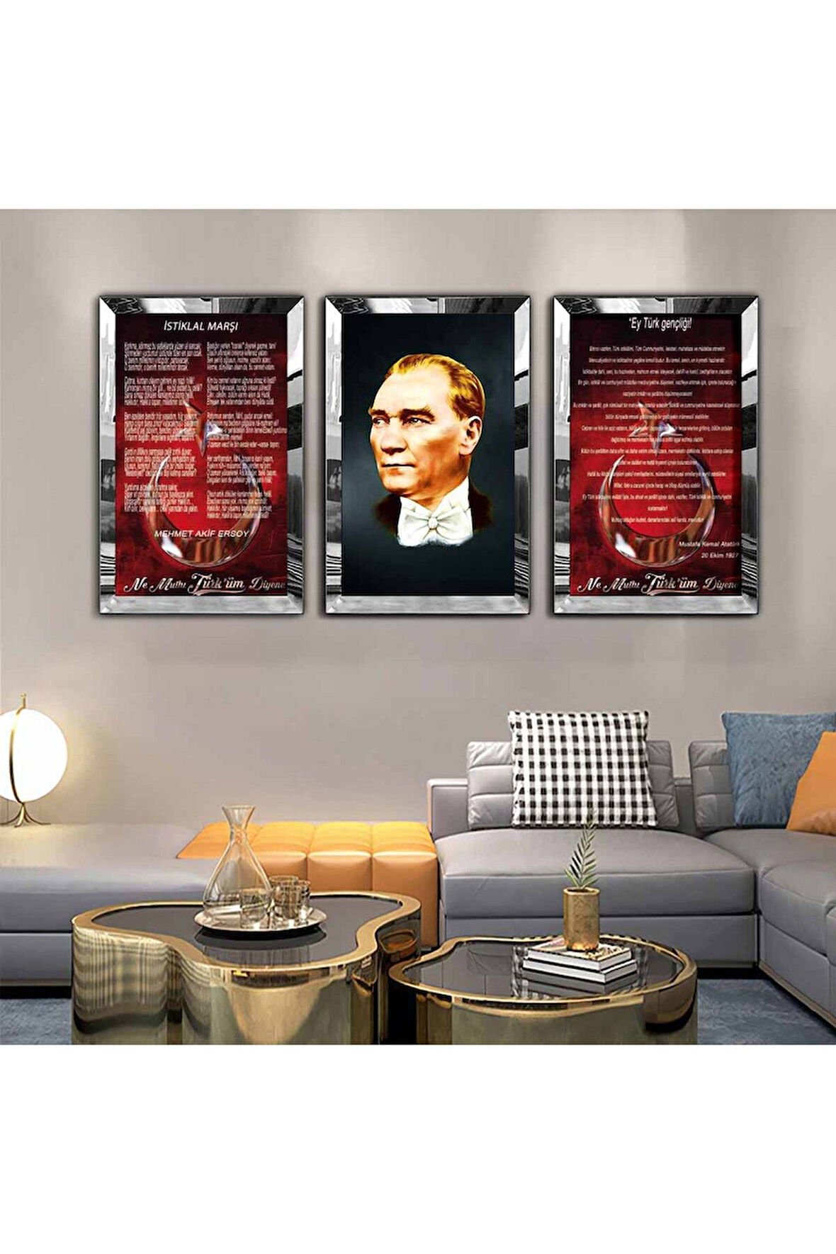 Gümüş Aynalı Pleksi Çerçeveli Atatürk Istiklal Marşı Ve Gençliğe Hitabe Üçlü Mdf Tablo Seti