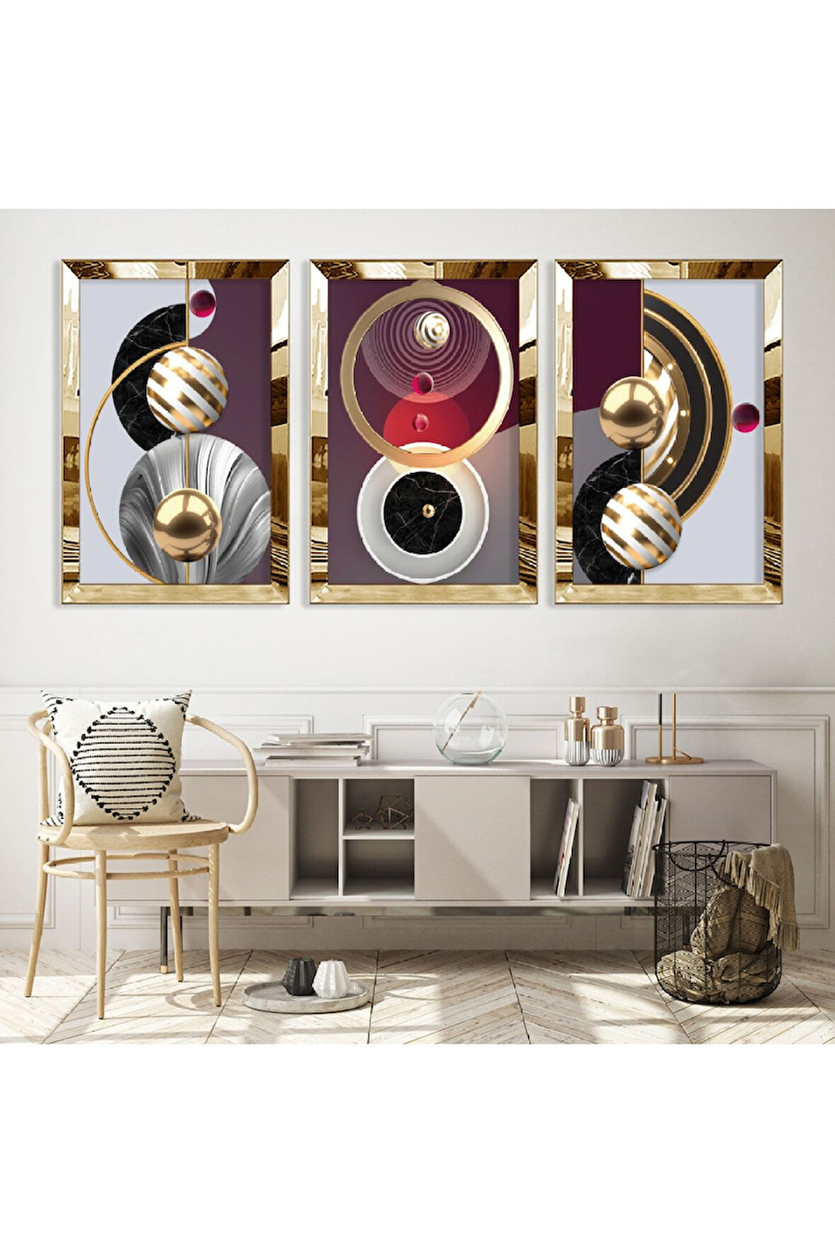 Gümüş Aynalı Pleksi Çerçeveli Minimalist Üçlü Soyut Desen Üçlü Mdf Tablo Seti