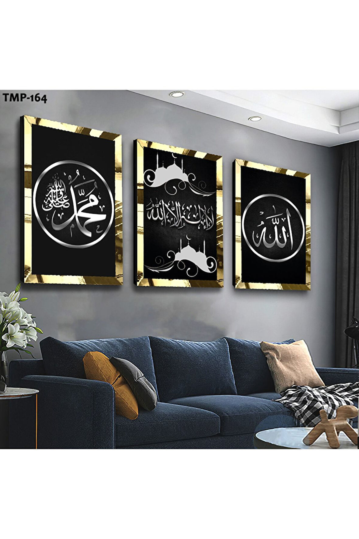 Gümüş Aynalı Pleksi Çerçeveli Hz Muhammed Ve Allah Lafzı Dini Üçlü Mdf Tablo Seti