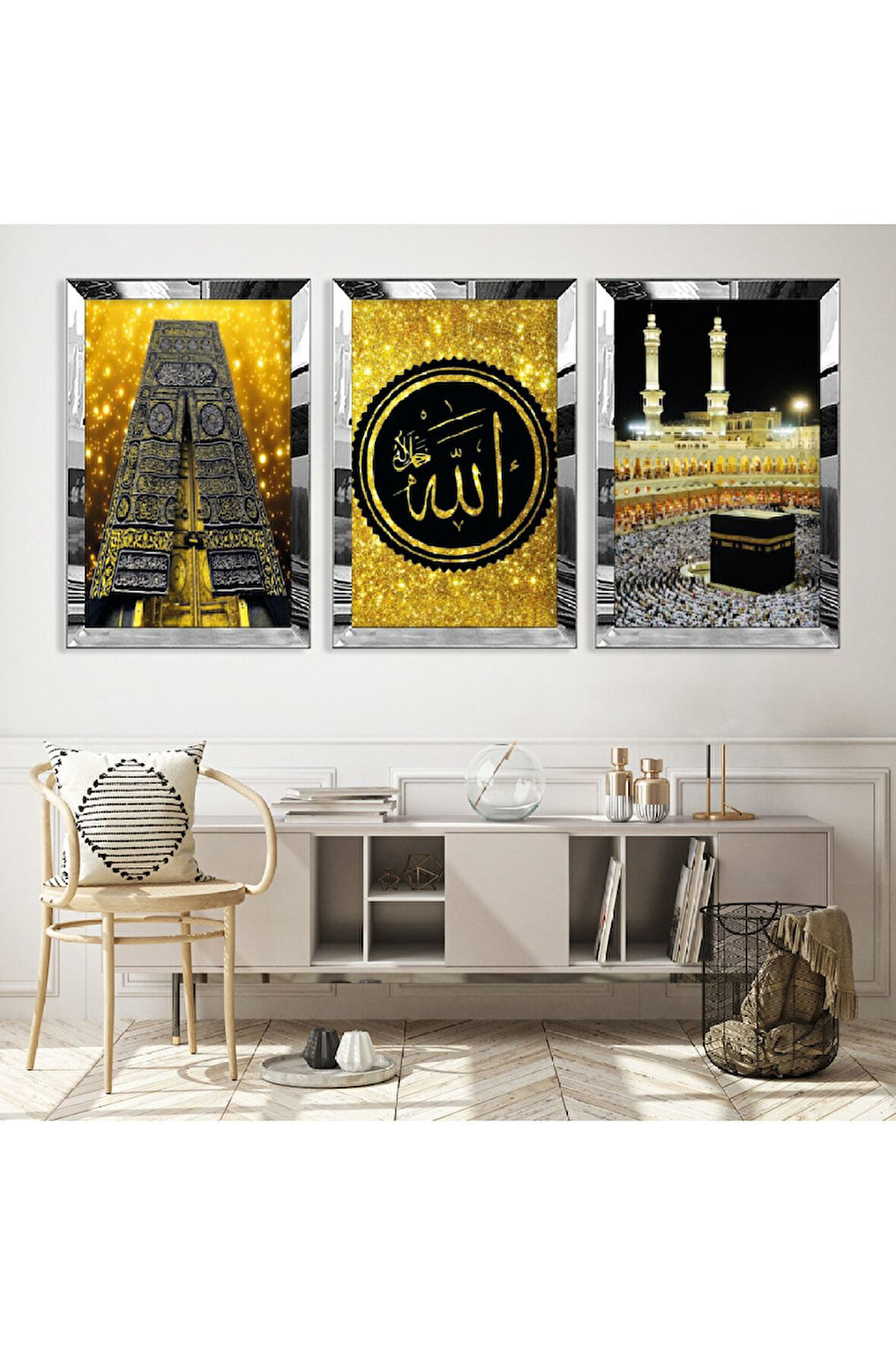 Gümüş Aynalı Pleksi Çerçeveli Kabe Ve Allah Lafzı Üçlü Mdf Tablo Seti