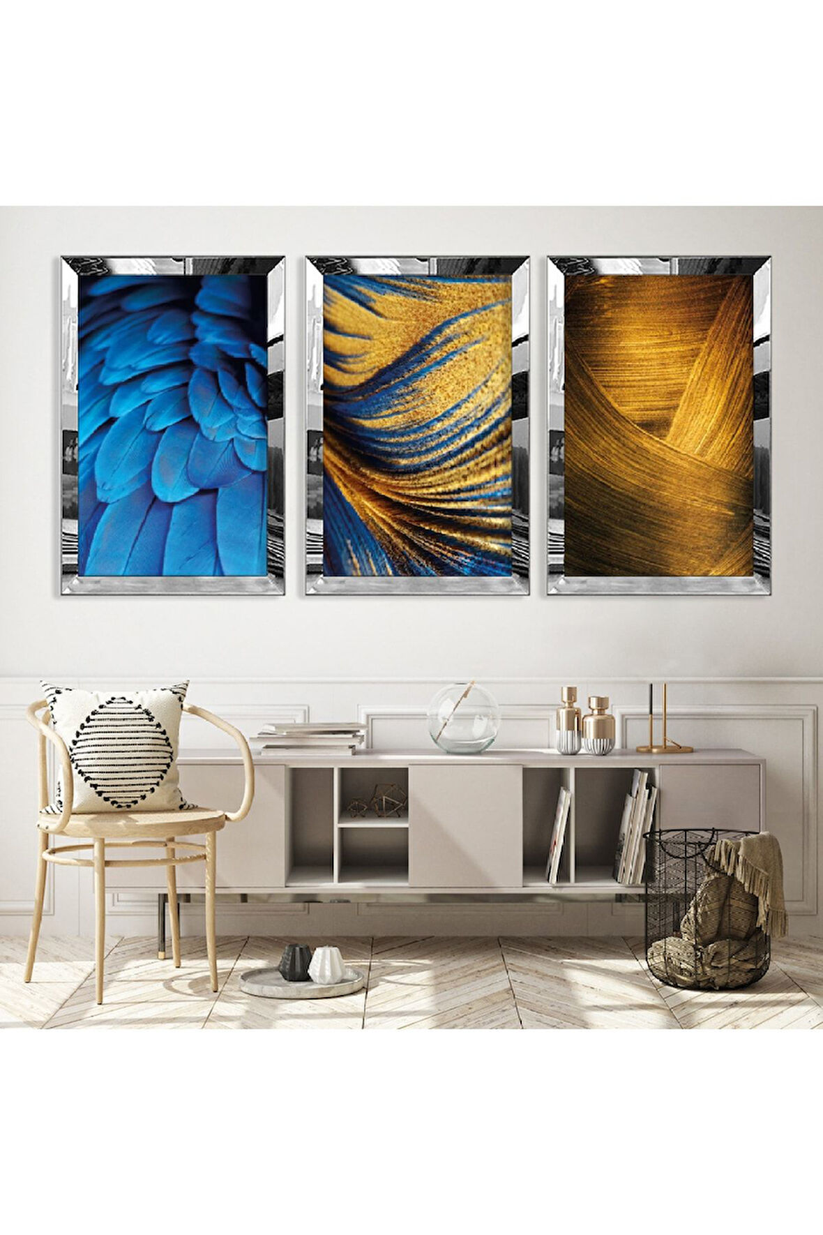 Gold Aynalı Pleksi Çerçeveli Kolaj Çizim Üçlü Mdf Tablo Seti