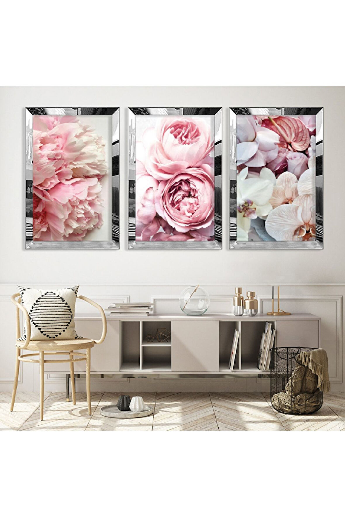 Gümüş Aynalı Pleksi Çerçeveli Pembe Güller Üçlü Mdf Tablo Seti