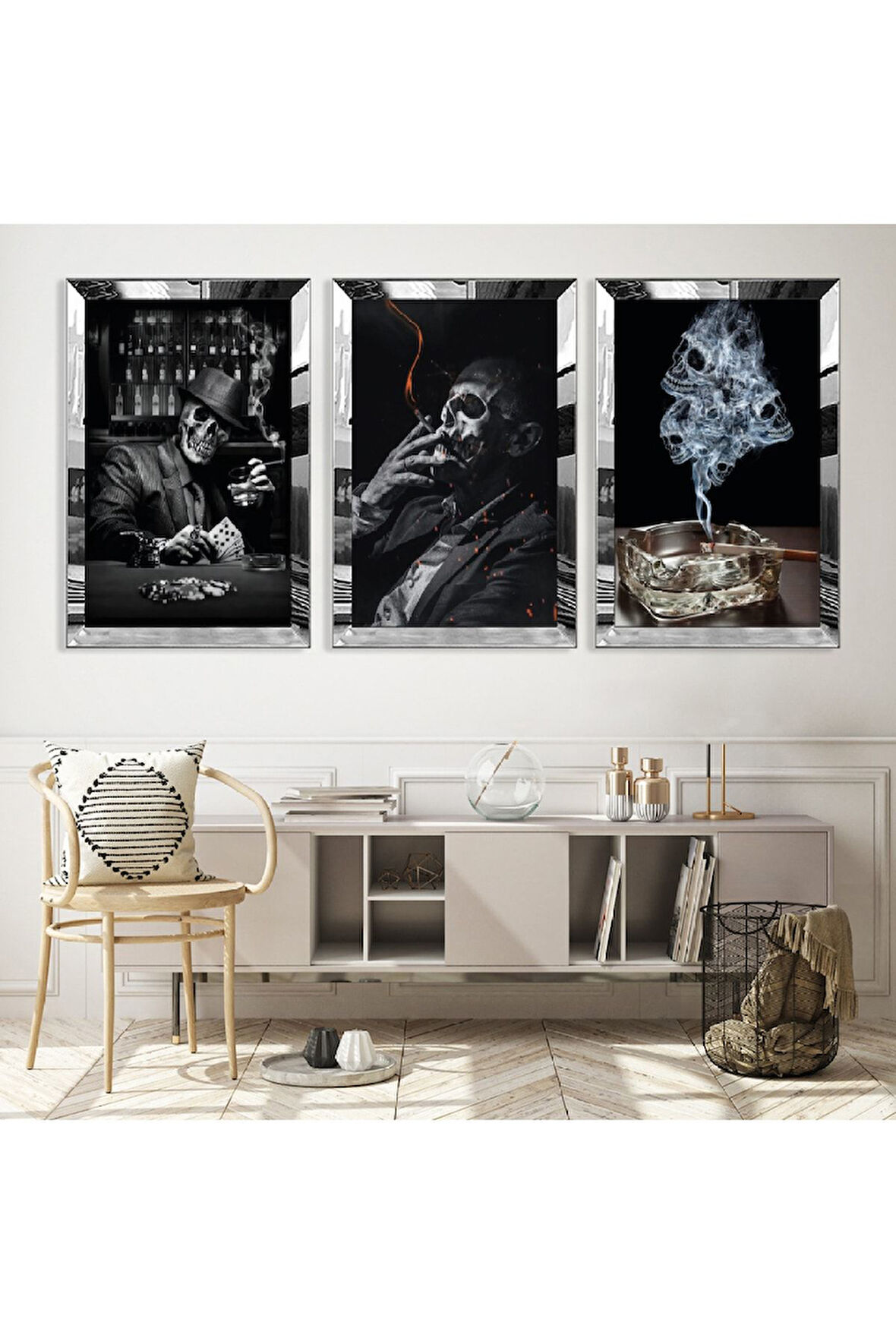 Gold Aynalı Pleksi Çerçeveli Ölüm Meleği Üçlü Mdf Tablo Seti