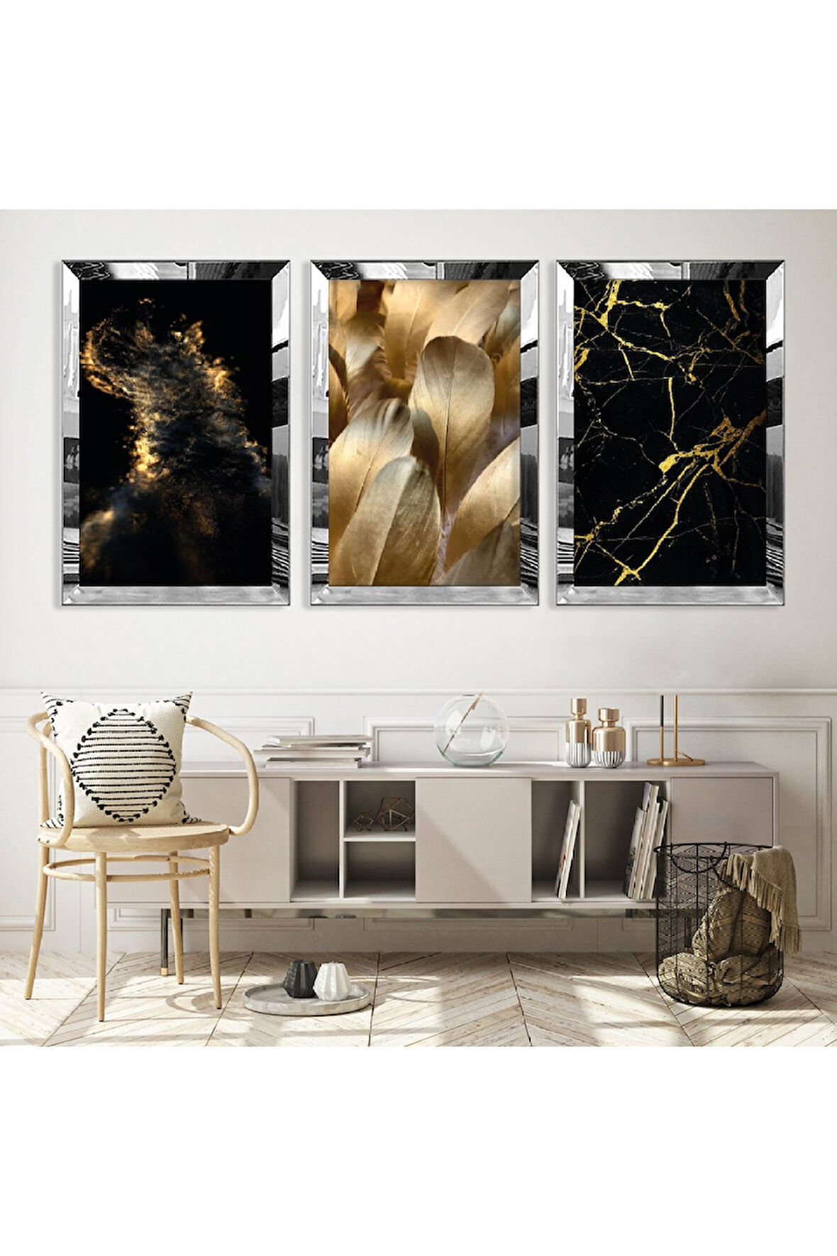 Gold Aynalı Pleksi Çerçeveli Siyah Renk Üçlü Mdf Tablo Seti