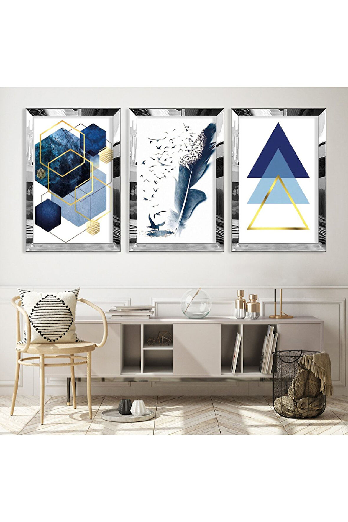 Gold Aynalı Pleksi Çerçeveli Mavi Renk Üçlü Mdf Tablo Seti