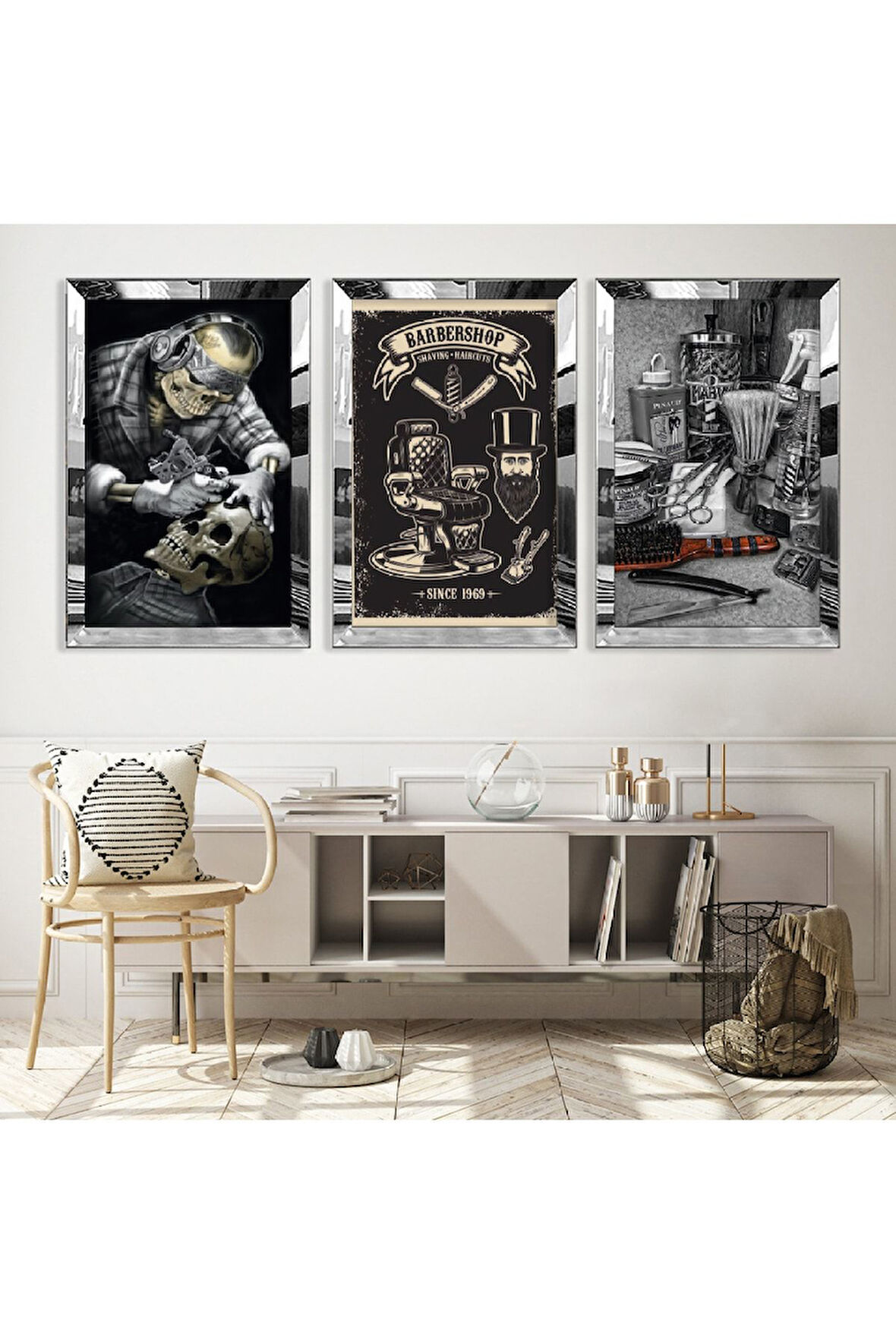 Gold Aynalı Pleksi Çerçeveli Berber Mesleki Üçlü Mdf Tablo Seti