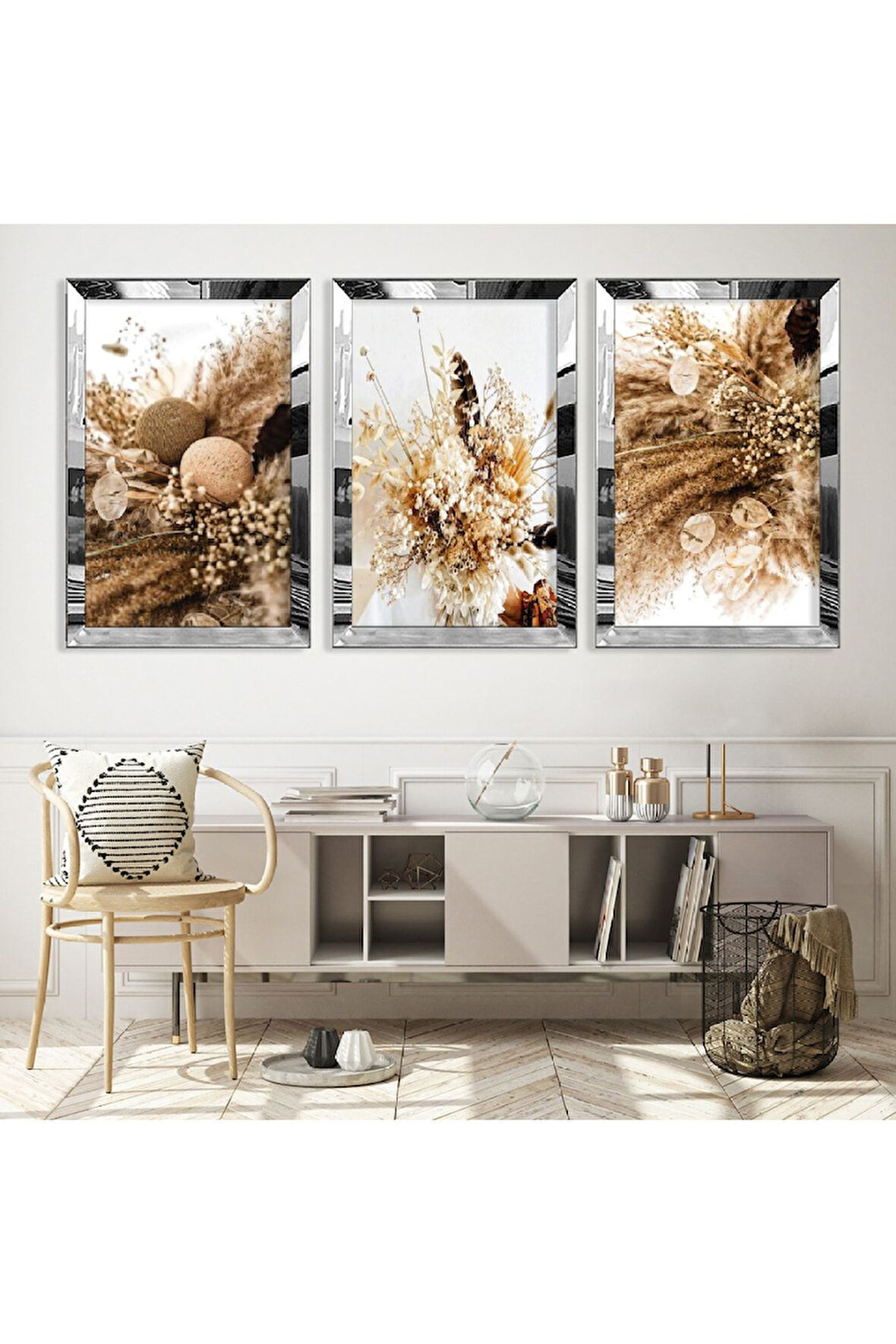 Gold Aynalı Pleksi Çerçeveli Kurutulmuş Çiçek Üçlü Mdf Tablo Seti