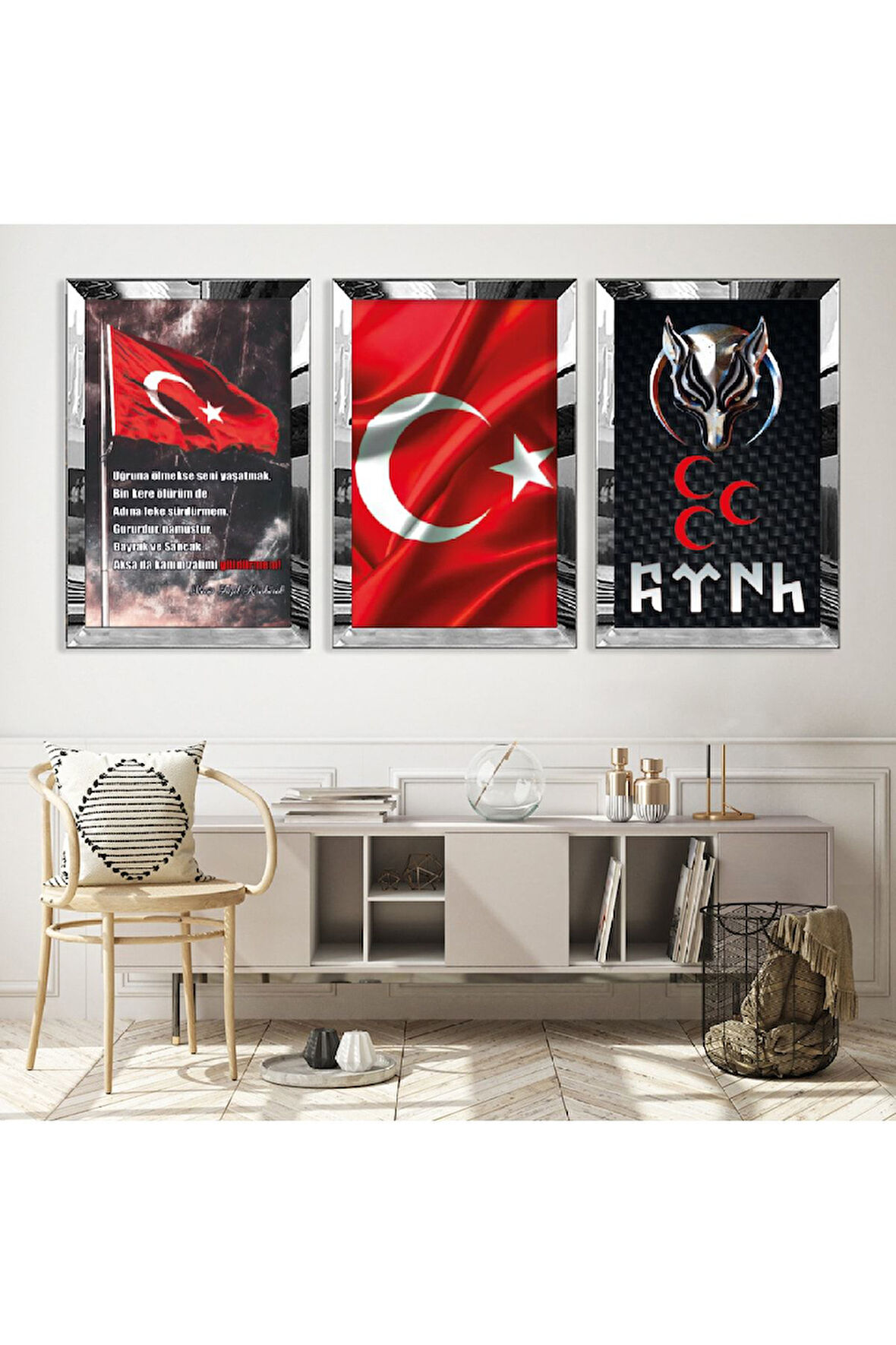 Gold Aynalı Pleksi Çerçeveli Türk Üçlü Mdf Tablo Seti