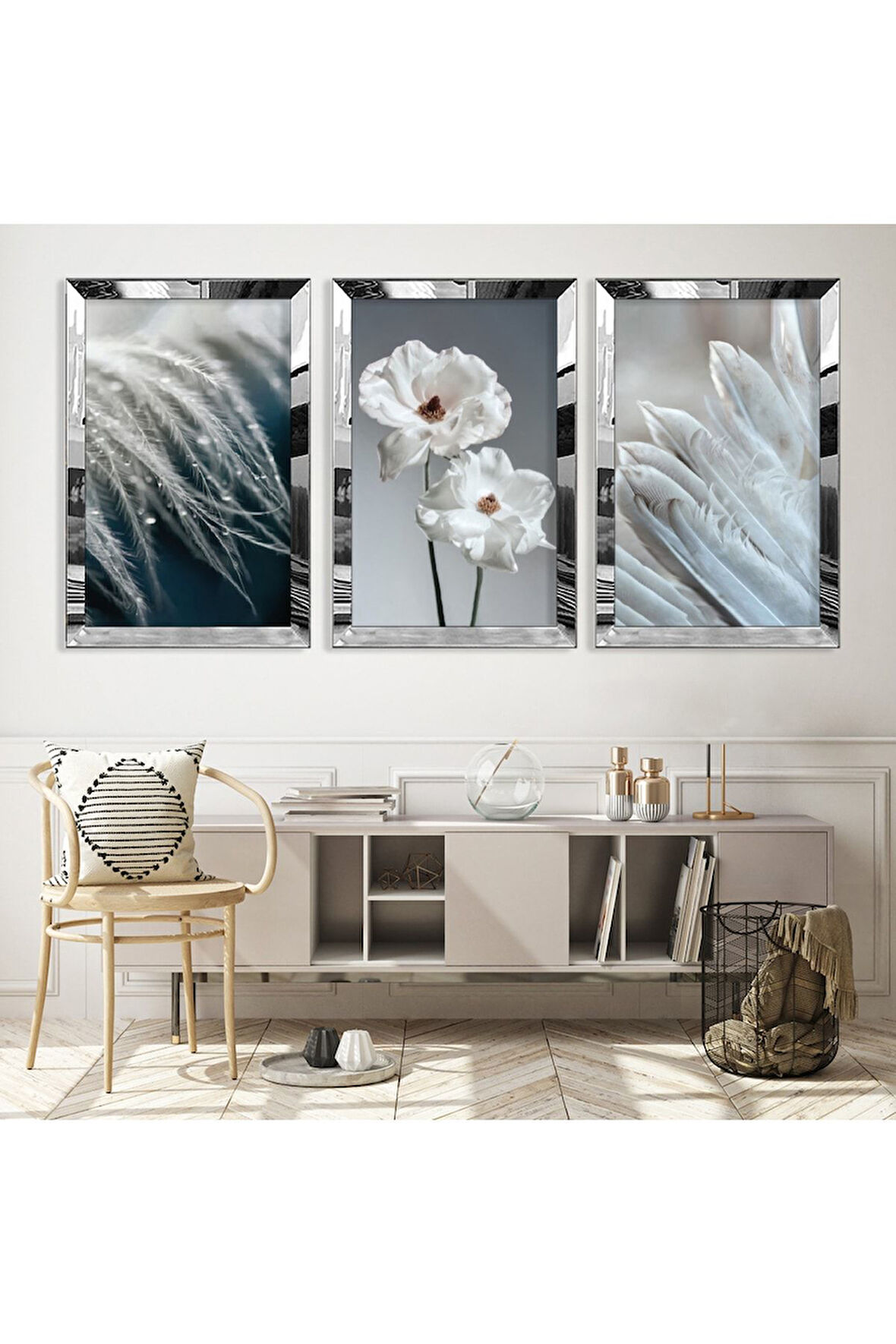 Gümüş Aynalı Pleksi Çerçeveli Beyaz Çiçek Üçlü Mdf Tablo Seti
