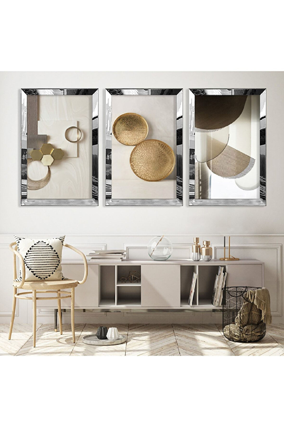 Gold Aynalı Pleksi Çerçeveli Aynalı Üçlü Mdf Tablo Seti