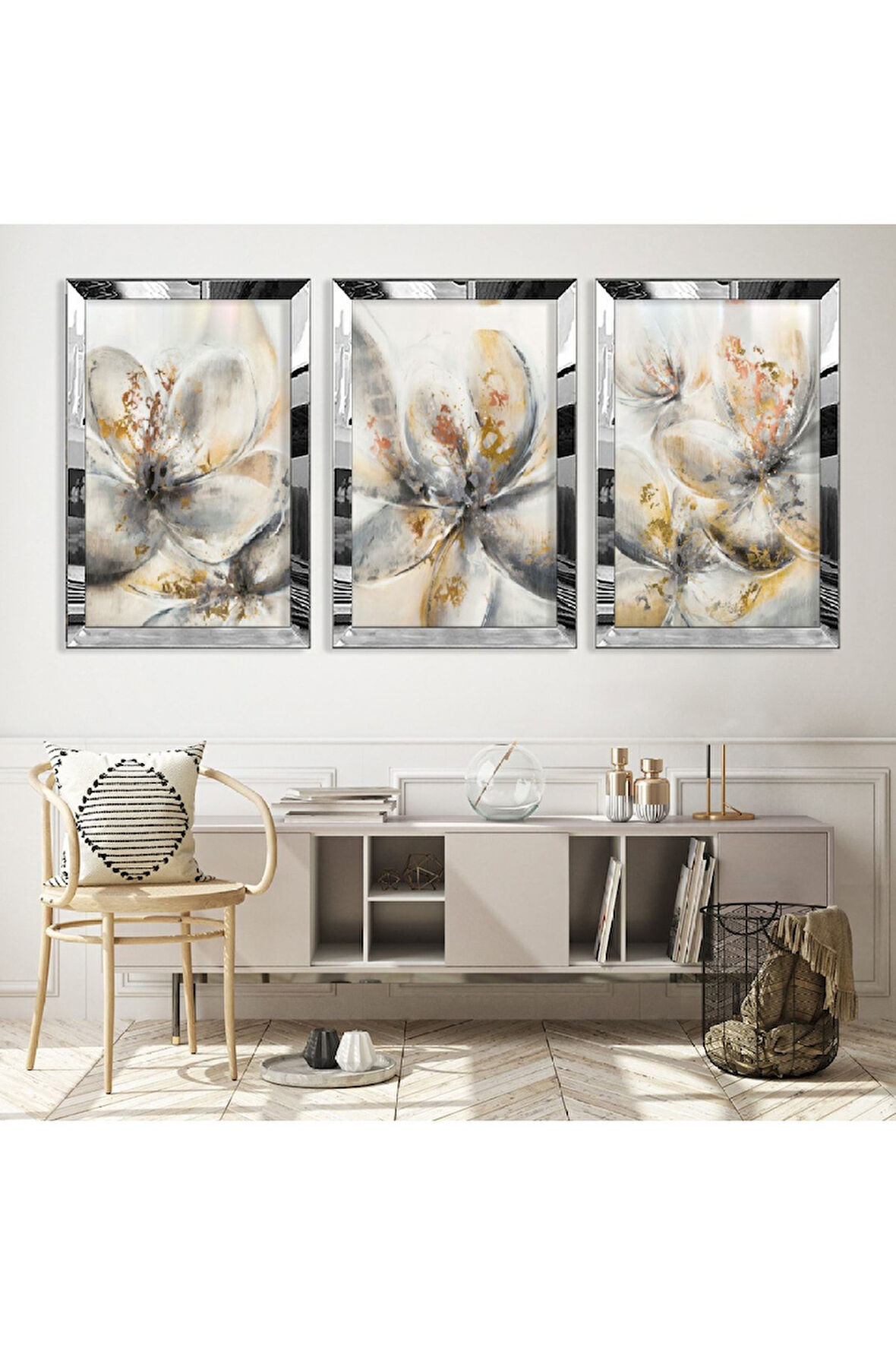 Gold Aynalı Pleksi Çerçeveli Kolaj Çizim Gri Çiçek Üçlü Mdf Tablo Seti
