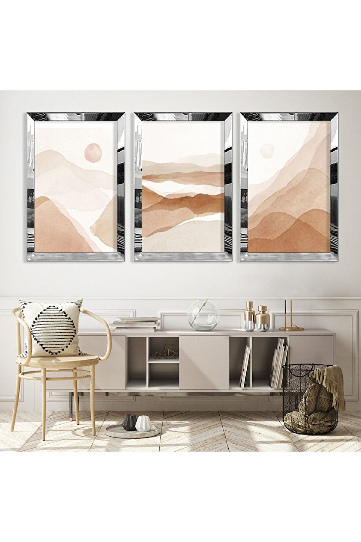 Gold Aynalı Pleksi Çerçeveli Kolaj Çizim Dağ Üçlü Mdf Tablo Seti