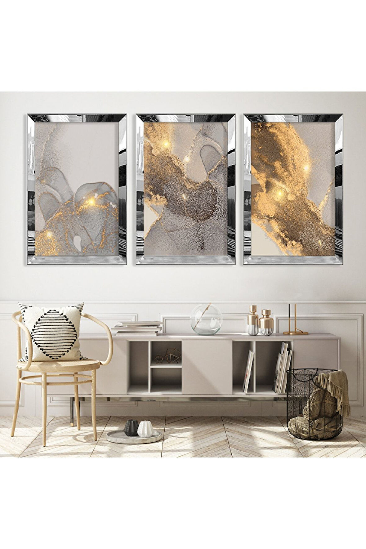 Gold Aynalı Pleksi Çerçeveli Kolaj Çizim Çiçek Üçlü Mdf Tablo Seti