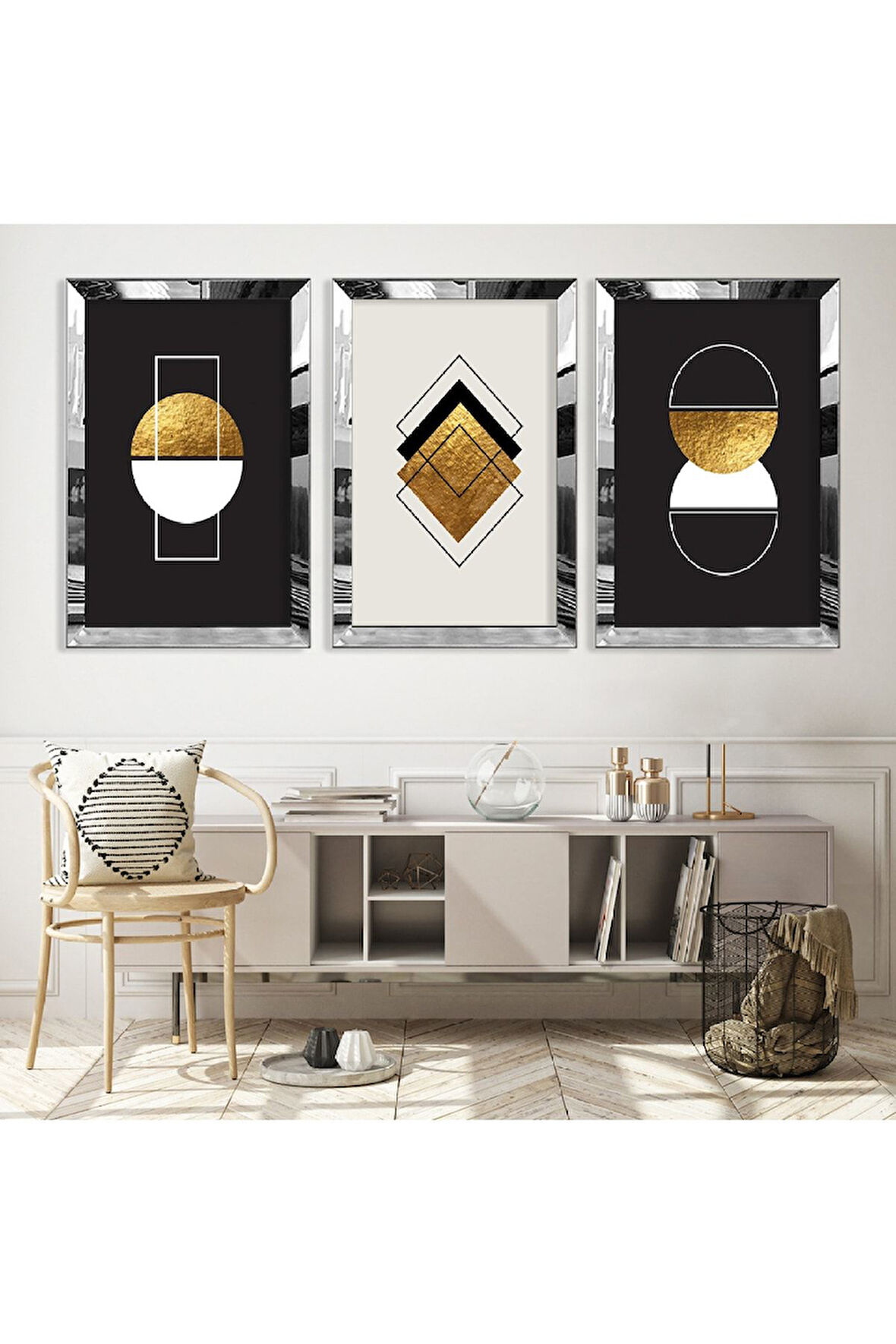 Gold Aynalı Pleksi Çerçeveli Desenli Soyut Şekiller Üçlü Mdf Tablo Seti