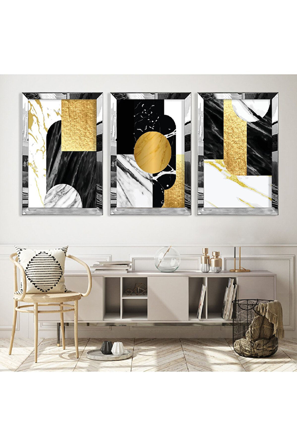 Gold Aynalı Pleksi Çerçeveli Desenli Soyut Şekiller Üçlü Mdf Tablo Seti