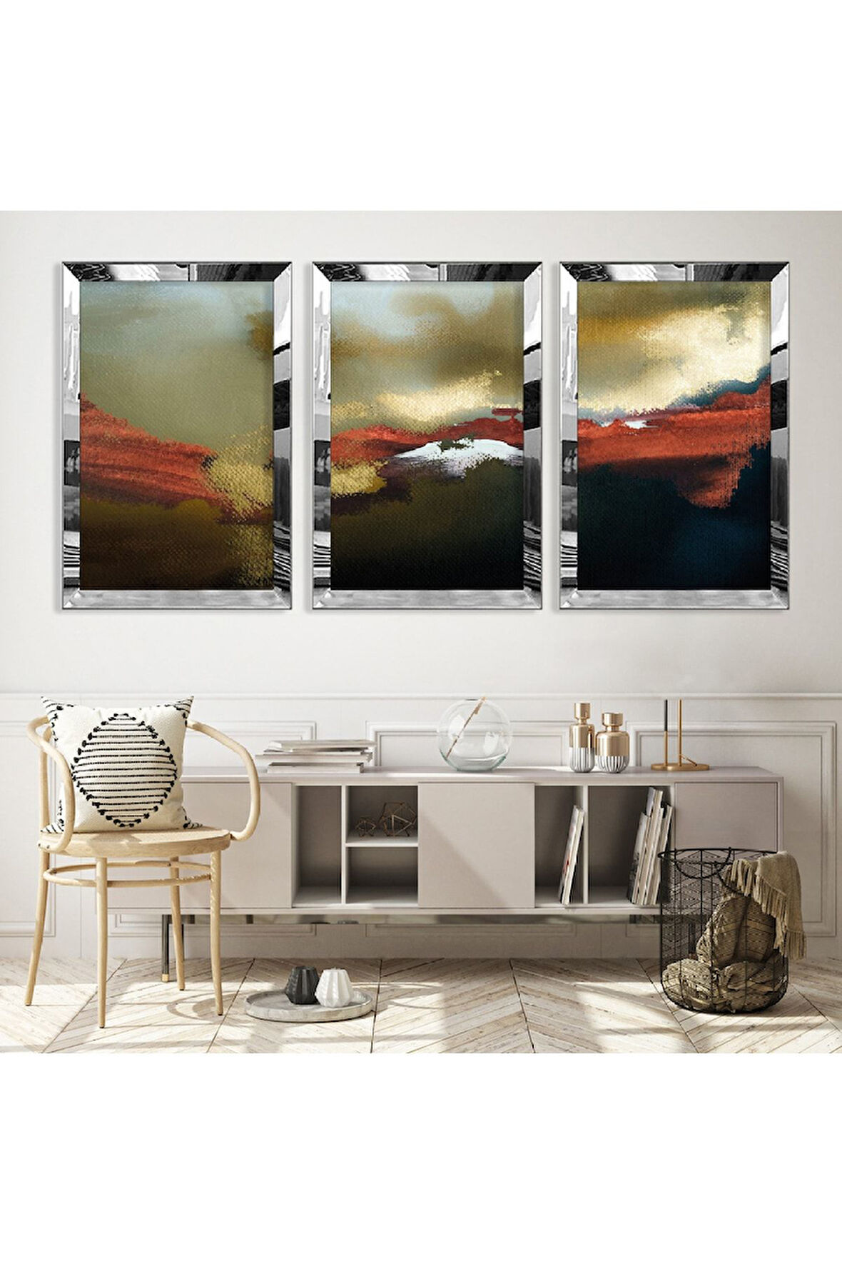 Gold Aynalı Pleksi Çerçeveli Soyut Desen Üçlü Mdf Tablo Seti