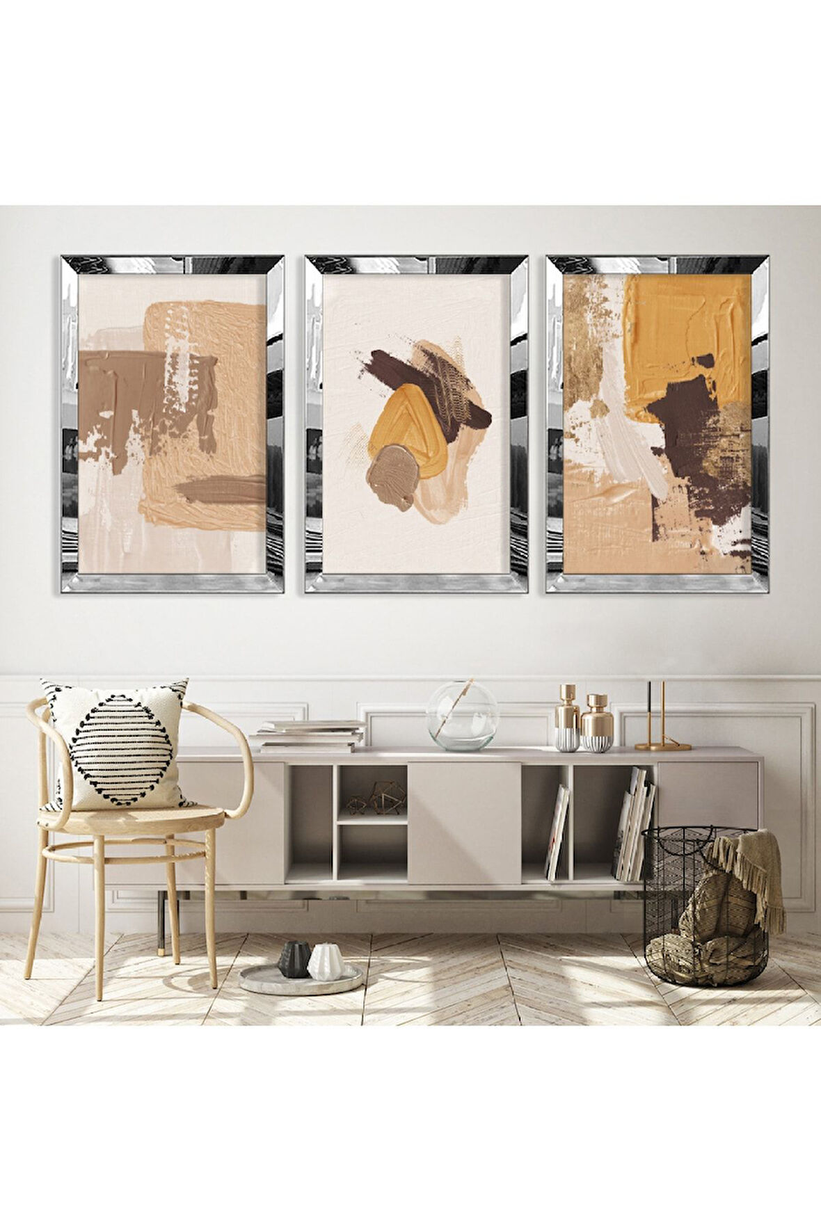 Gold Aynalı Pleksi Çerçeveli Aynalı Üçlü Mdf Tablo Seti