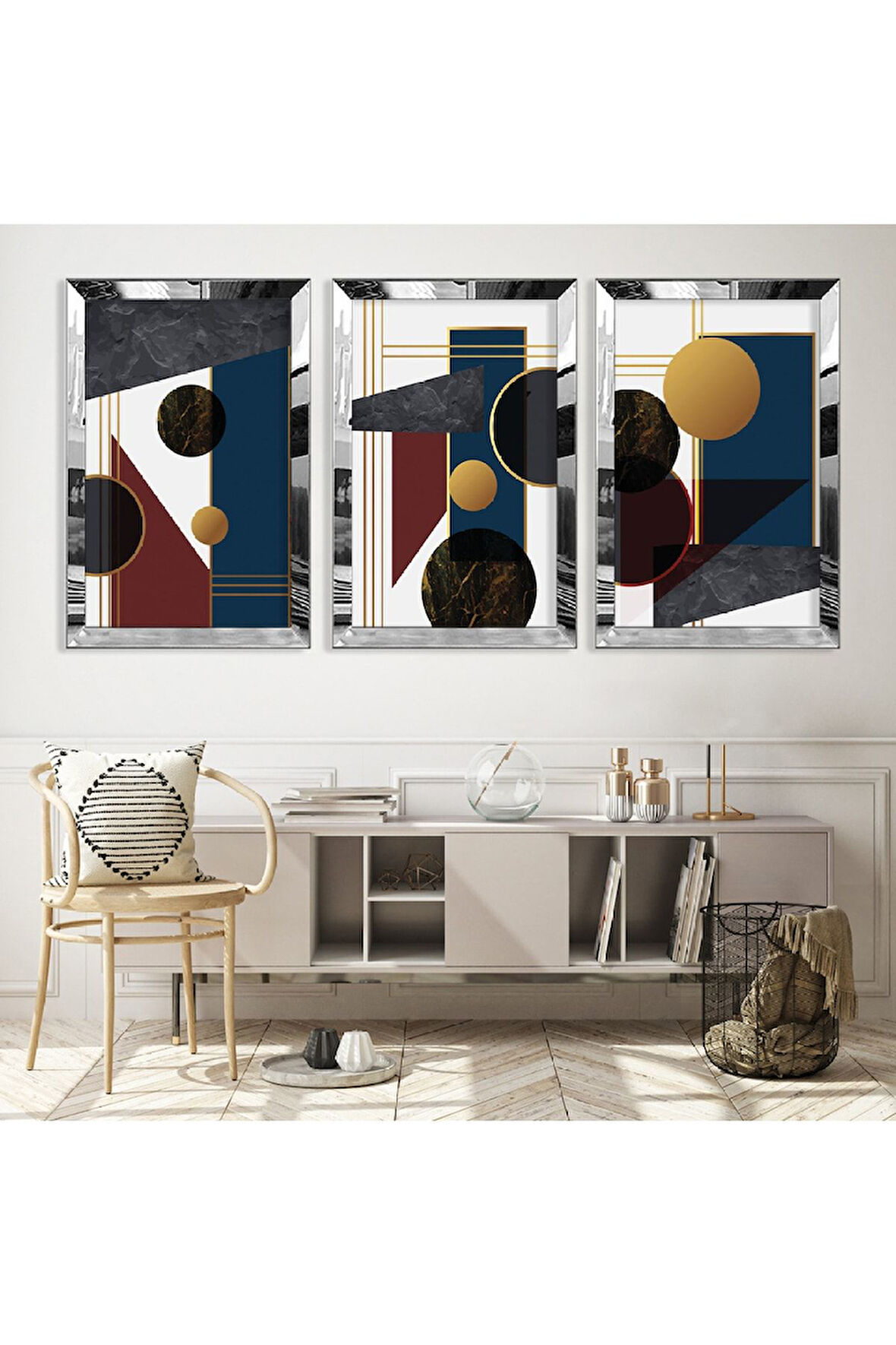 Gold Aynalı Pleksi Çerçeveli Aynalı Üçlü Mdf Tablo Seti