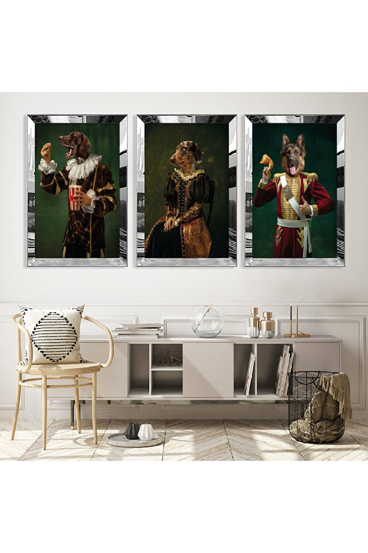 Gold Aynalı Pleksi Çerçeveli Insani Hayvanlar Üçlü Mdf Tablo Seti