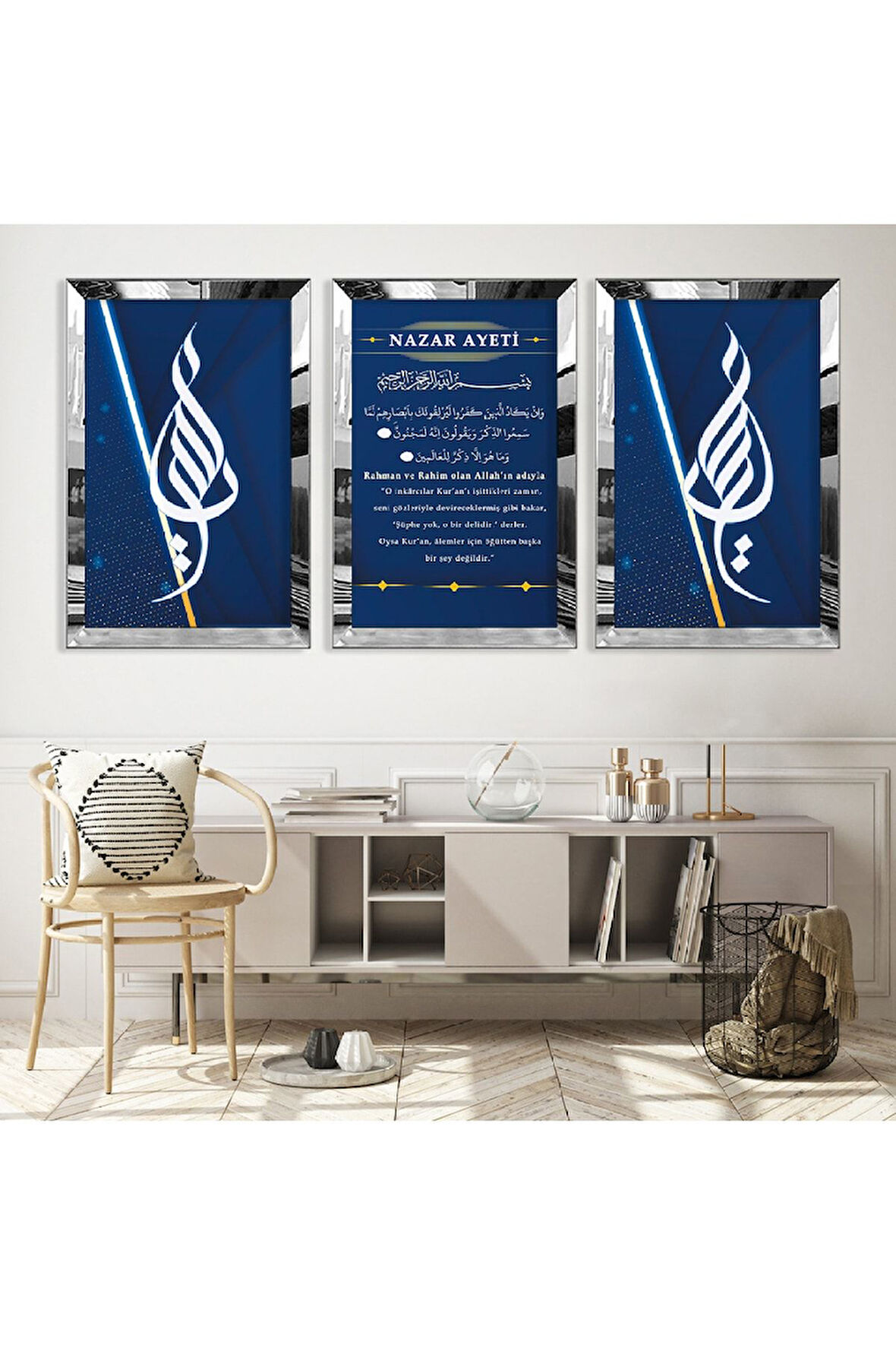 Gold Aynalı Pleksi Çerçeveli Nazar Ayeti Üçlü Mdf Tablo Seti