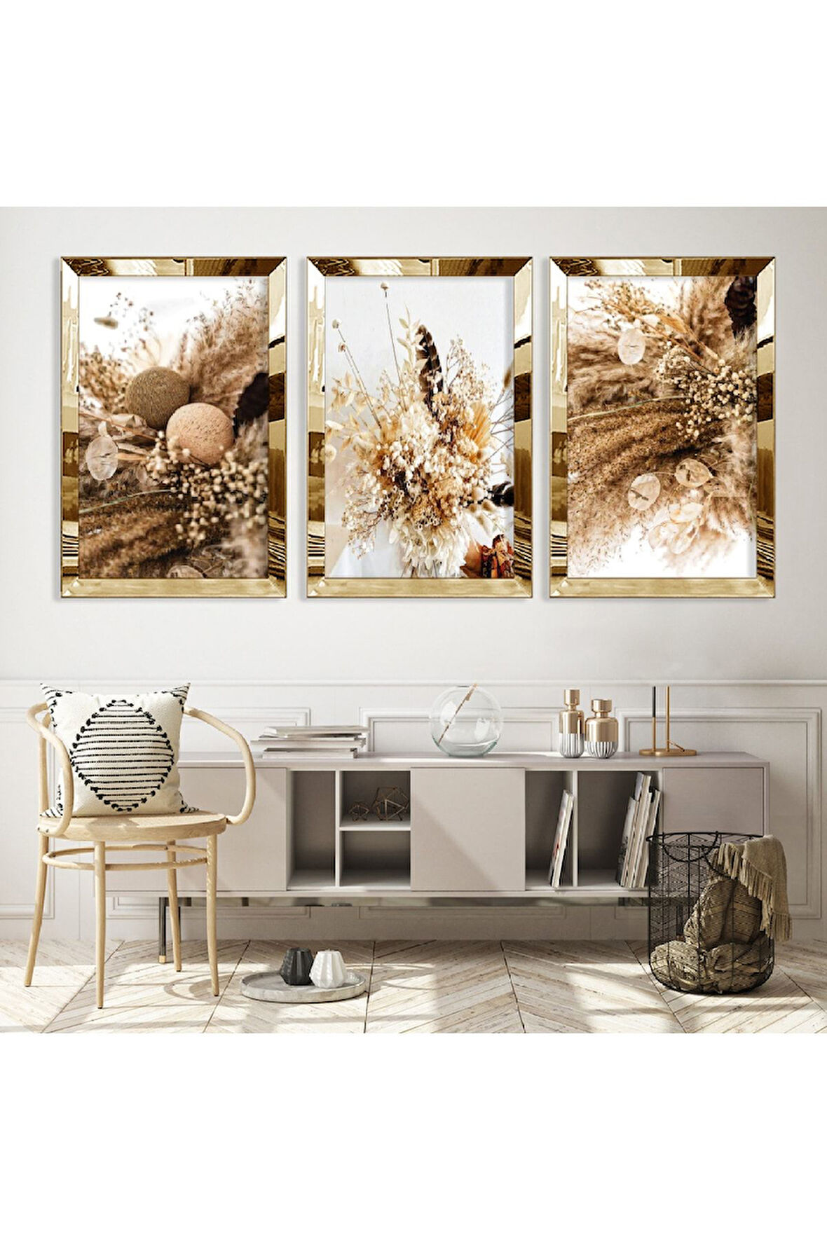 Gold Aynalı Pleksi Çerçeveli Kurutulmuş Çiçek Üçlü Mdf Tablo Seti