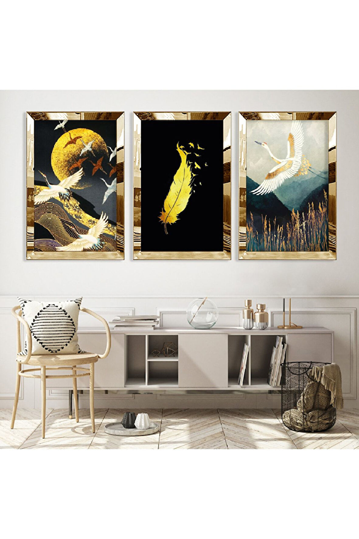 Gümüş Aynalı Pleksi Çerçeveli Arka Planlı Göçebe Kuş Üçlü Mdf Tablo Seti