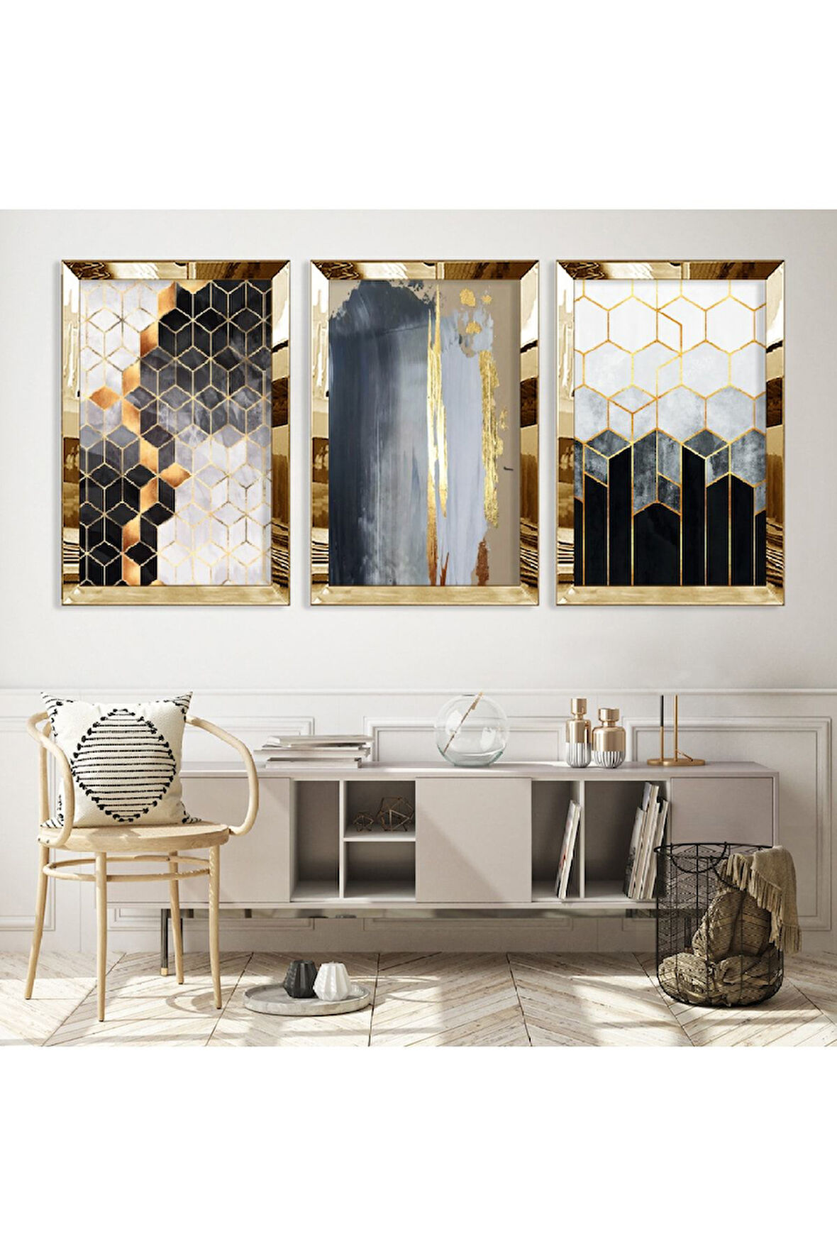 Gümüş Aynalı Pleksi Çerçeveli Üçlü Soyut Desen Üçlü Mdf Tablo Seti