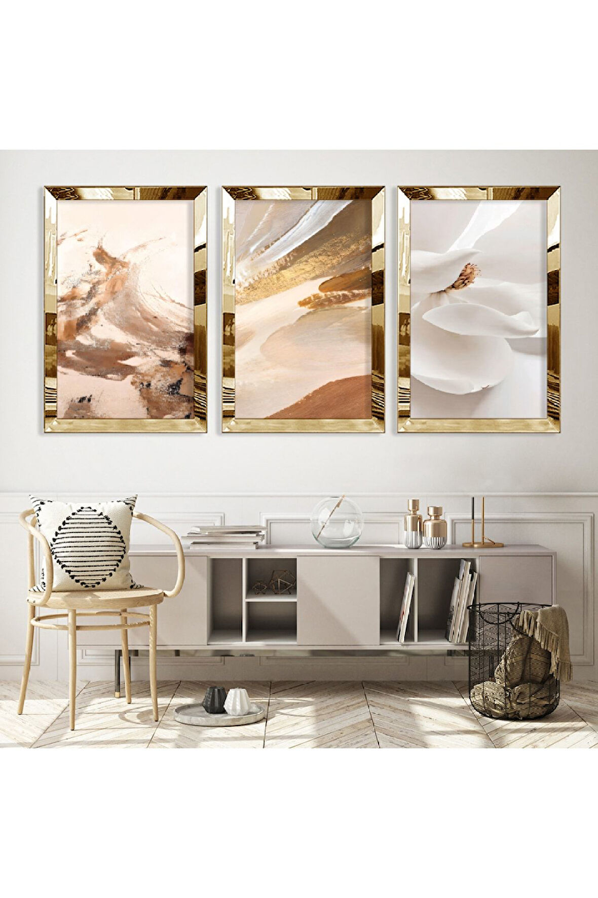 Gold Aynalı Pleksi Çerçeveli Modern Çizim Üçlü Mdf Tablo Seti