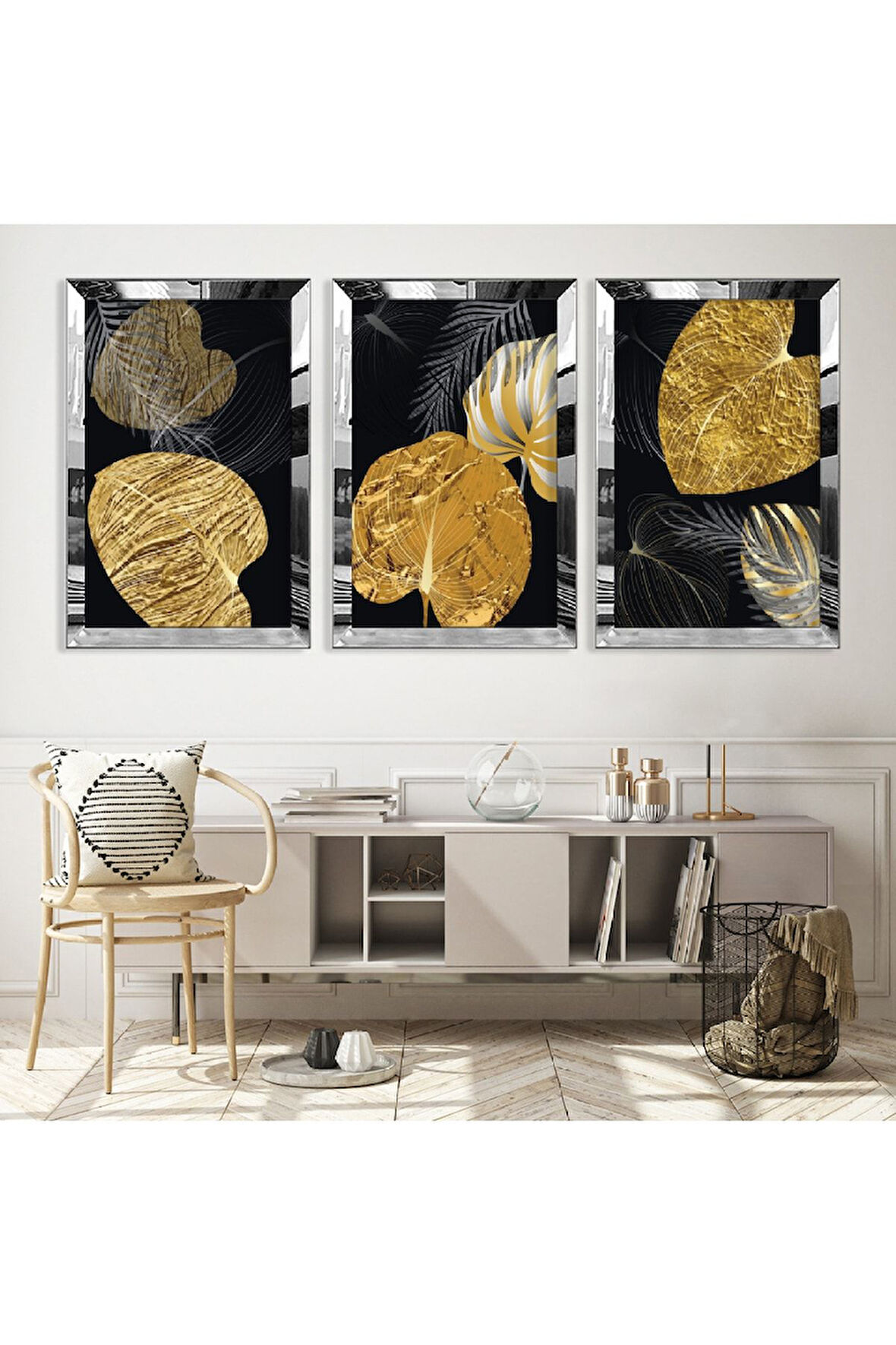 Gold Aynalı Pleksi Çerçeveli Aynalı Üçlü Mdf Tablo Seti