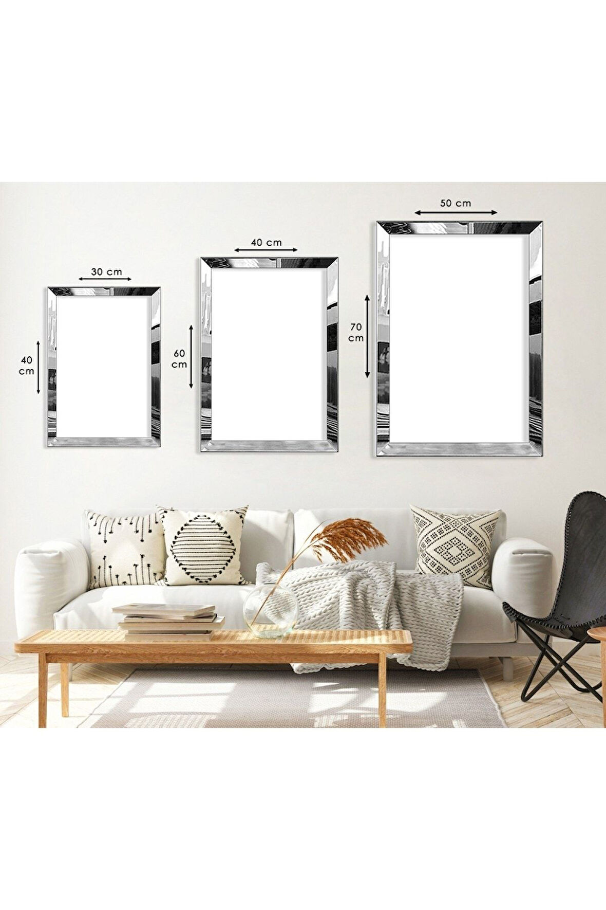 Gümüş Aynalı Pleksi Çerçeveli Minimalist Desenli Soyut Üçlü Mdf Tablo Seti