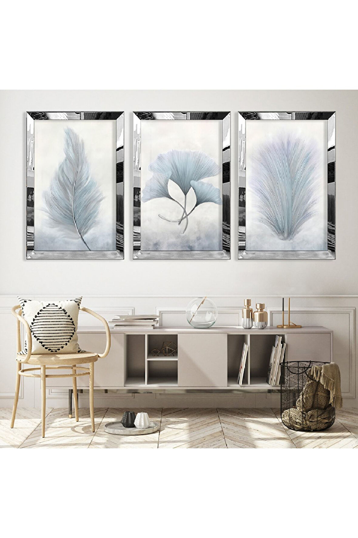 Gümüş Aynalı Pleksi Çerçeveli Beyaz Kar Çiçeği Üçlü Mdf Tablo Seti