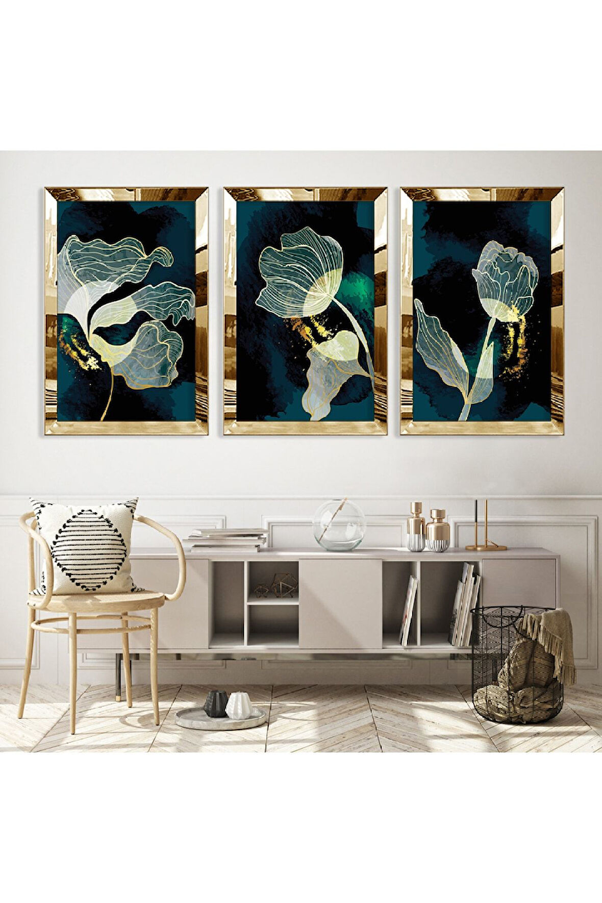 Gümüş Aynalı Pleksi Çerçeveli Bitki Desenli Soyut Üçlü Mdf Tablo Seti