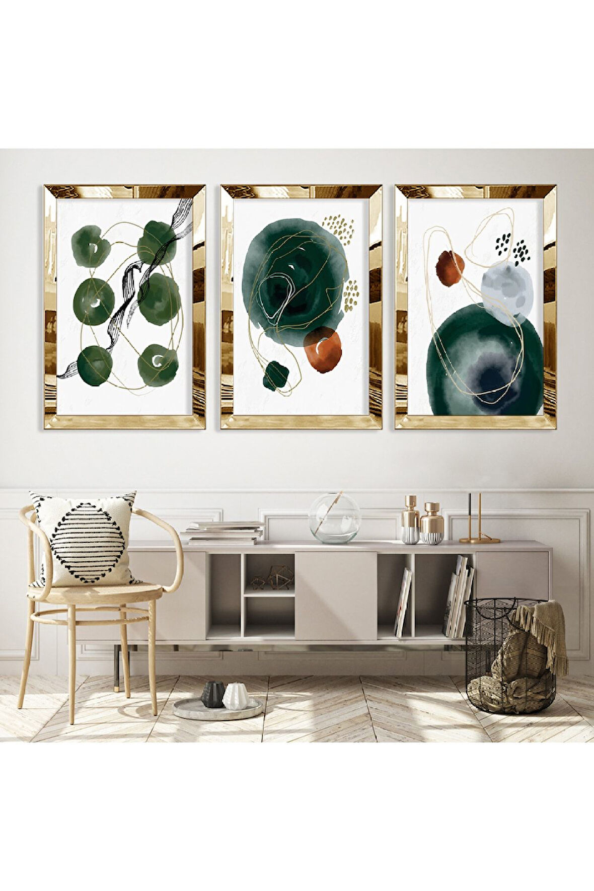 Gümüş Aynalı Pleksi Çerçeveli Üçlü Soyut Desen Üçlü Mdf Tablo Seti
