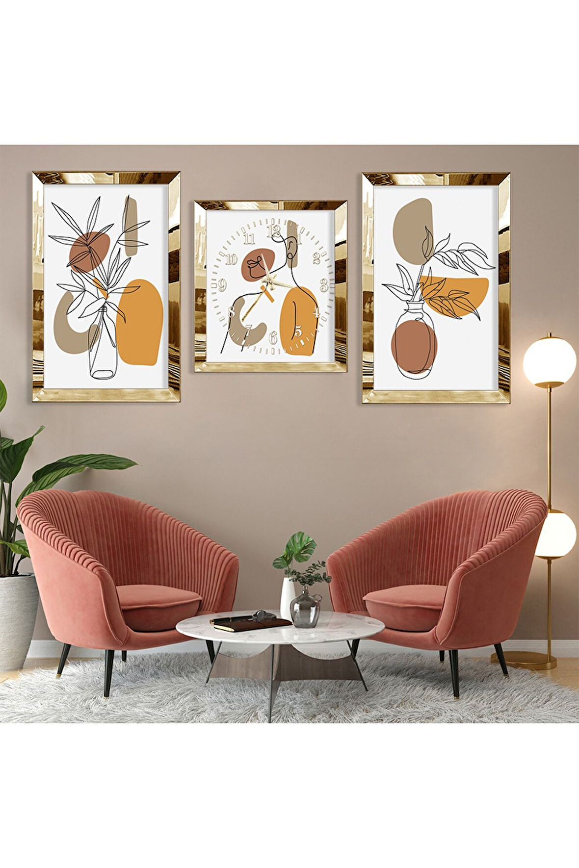 Minimalist Soyut Desen Gold Pleksi Kenar Üçlü Mdf Tablo Seti